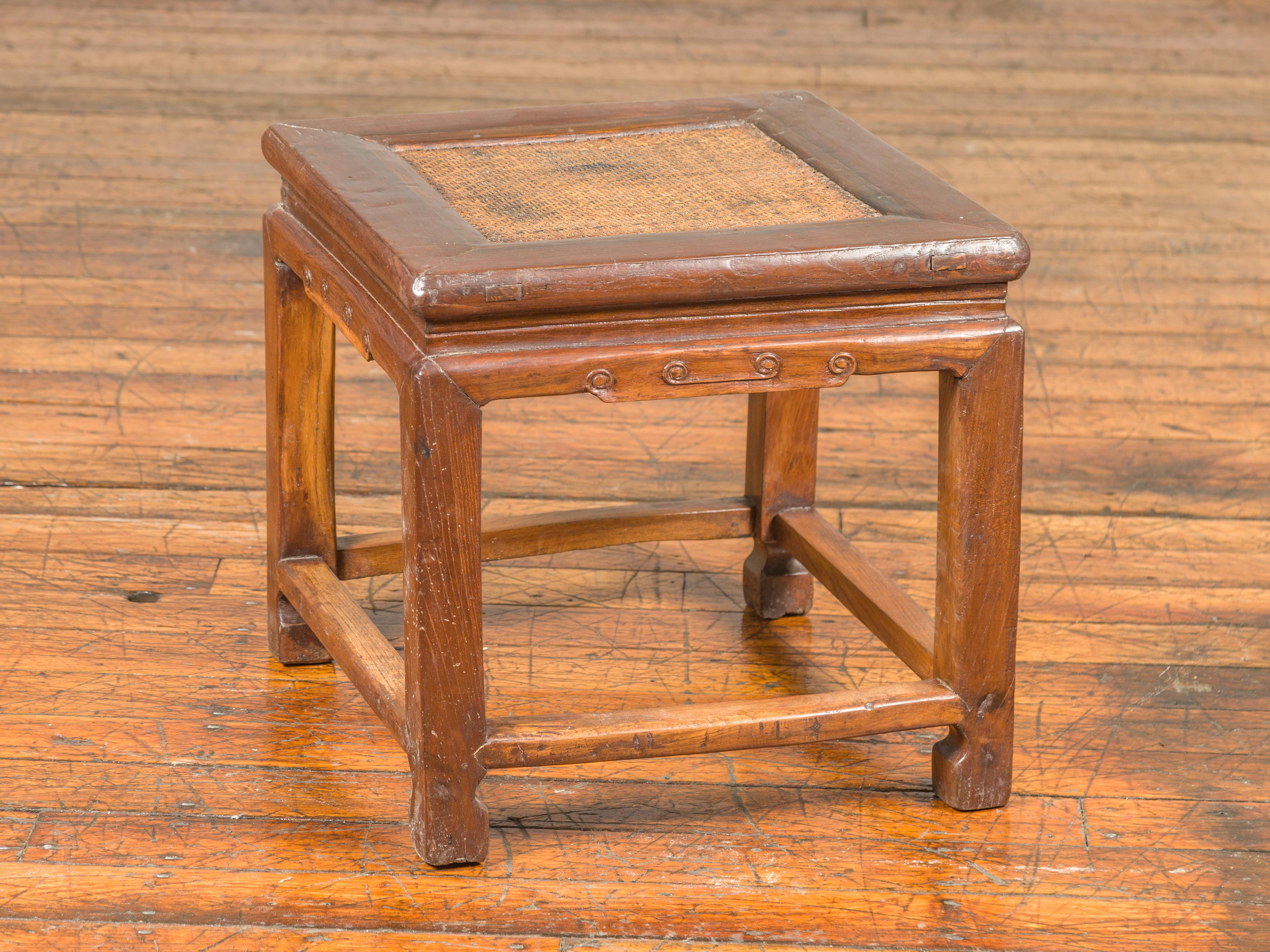 Antique Chinese Ming Style Waisted Stool with Horsehoof Legs and Rattan Inset For Sale 4
