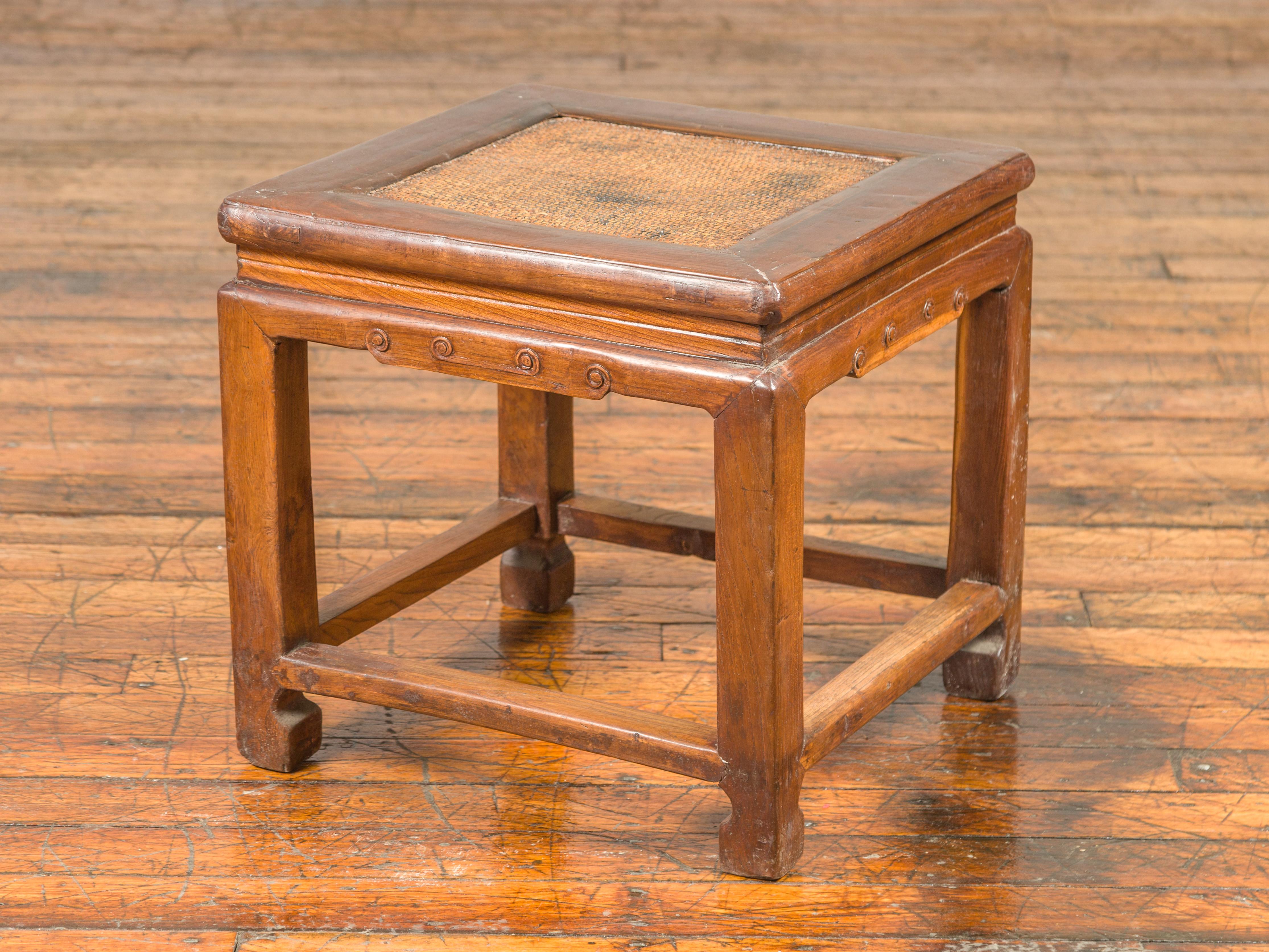 Antique Ming Style Waisted Stool with Horsehoof Legs and Rattan Inset 4