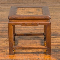 Antique Chinese Wooden Stool with Rattan Seat, Late Qing Dynasty