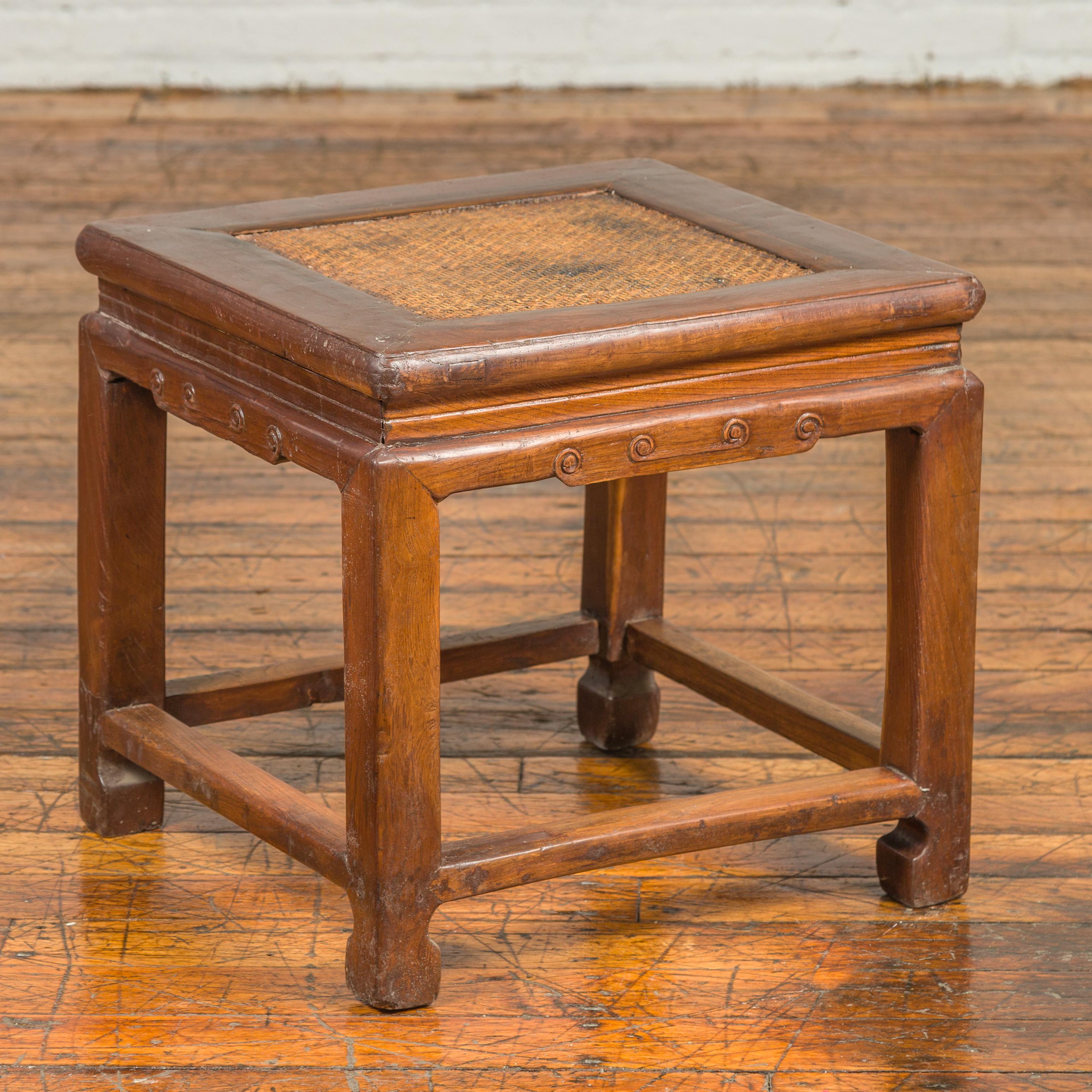 Antique Chinese Ming Style Waisted Stool with Horsehoof Legs and Rattan Inset For Sale 2