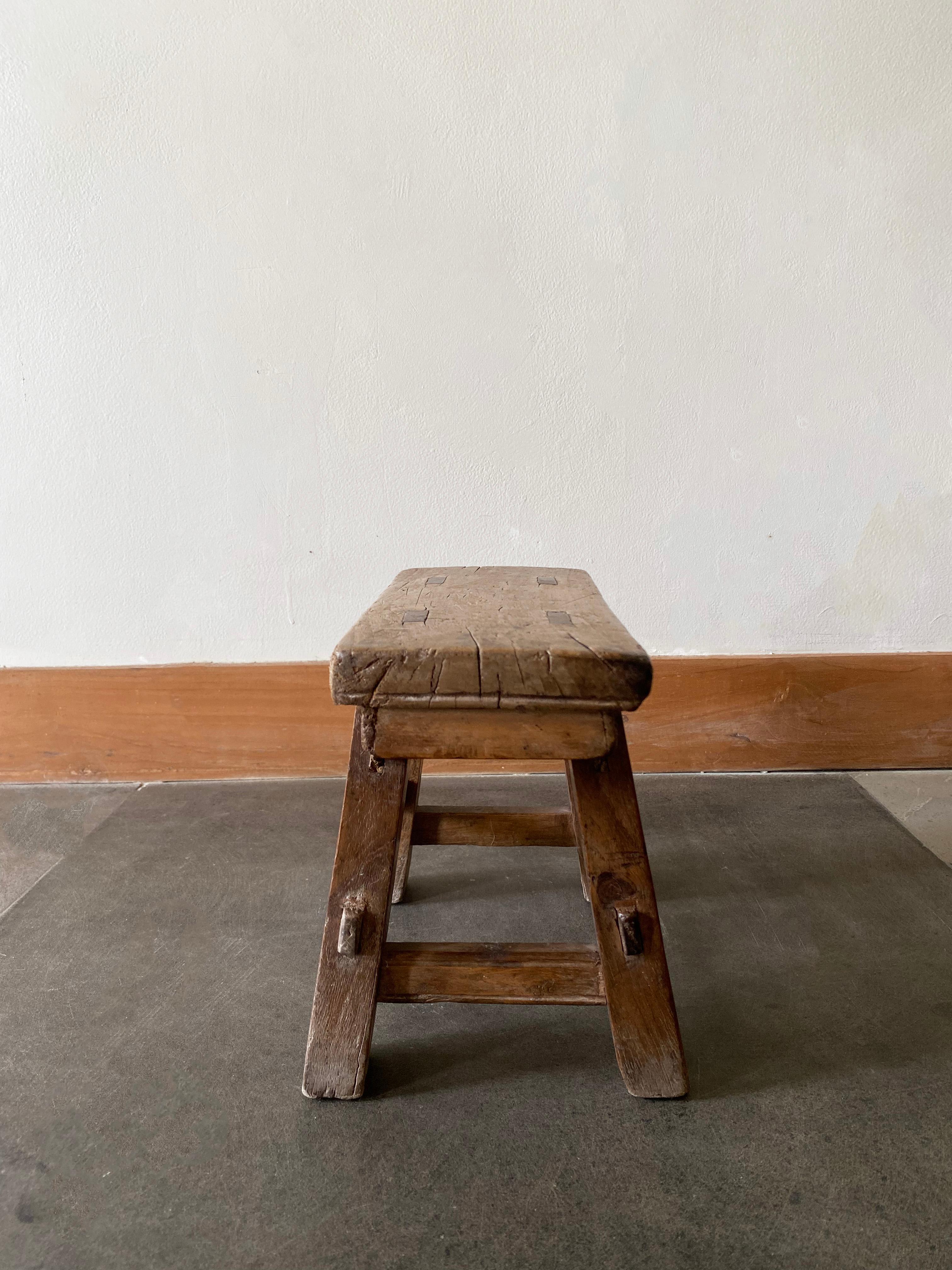 Qing Antique Chinese Mini Elm Wood Stool, Early 20th Century For Sale