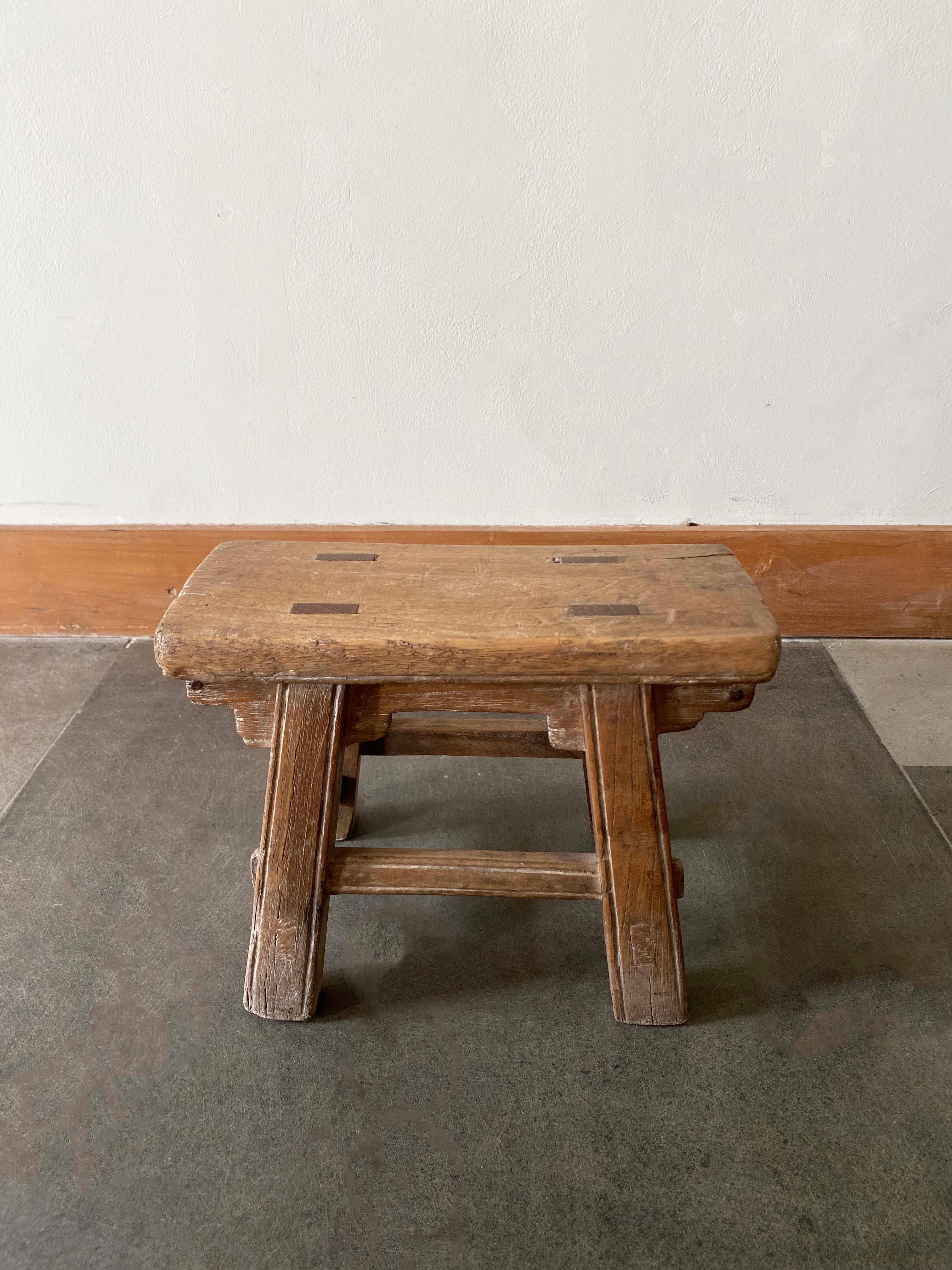 Hand-Crafted Antique Chinese Mini Elm Wood Stool, Early 20th Century For Sale