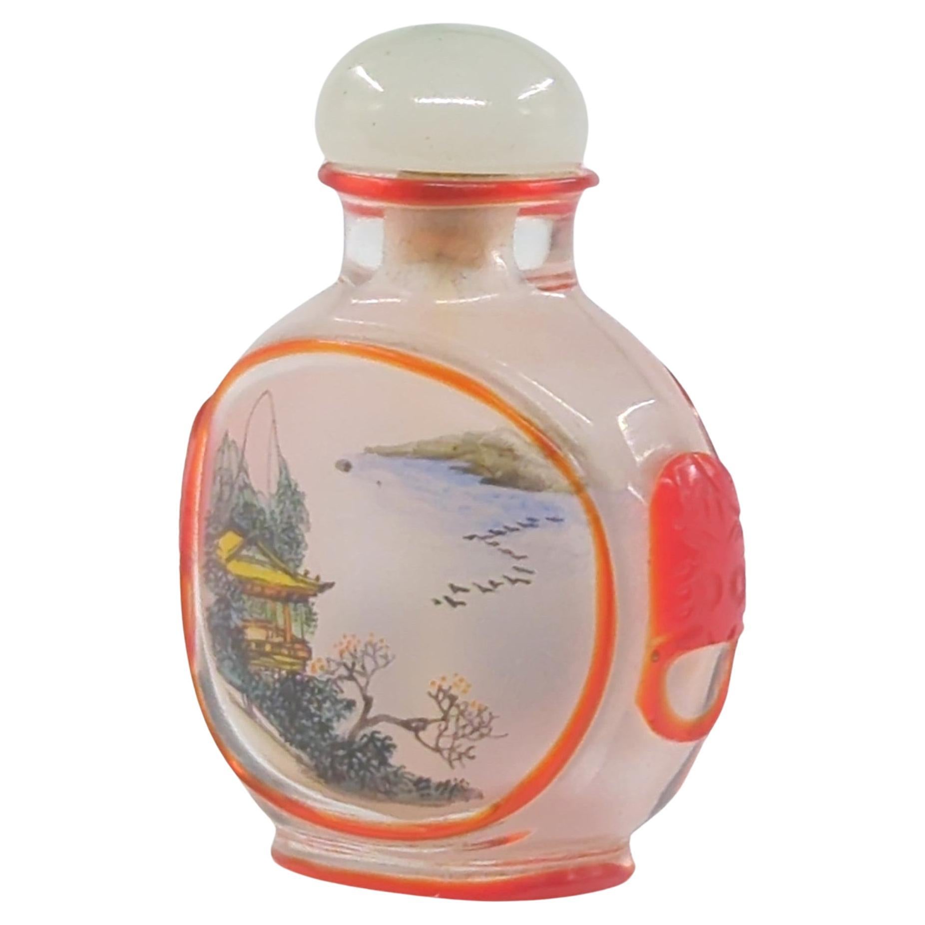Antique Chinese Mini Inside Painted Snuff Bottle Lotus Blossoms Signed Qing 20c For Sale 1