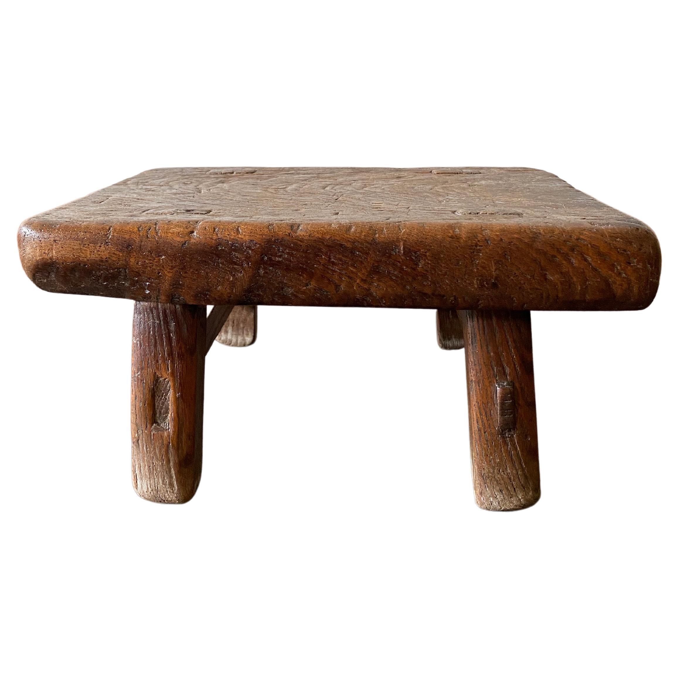 Antique Chinese Mini Low Elm Wood Stool, Early 20th Century For Sale