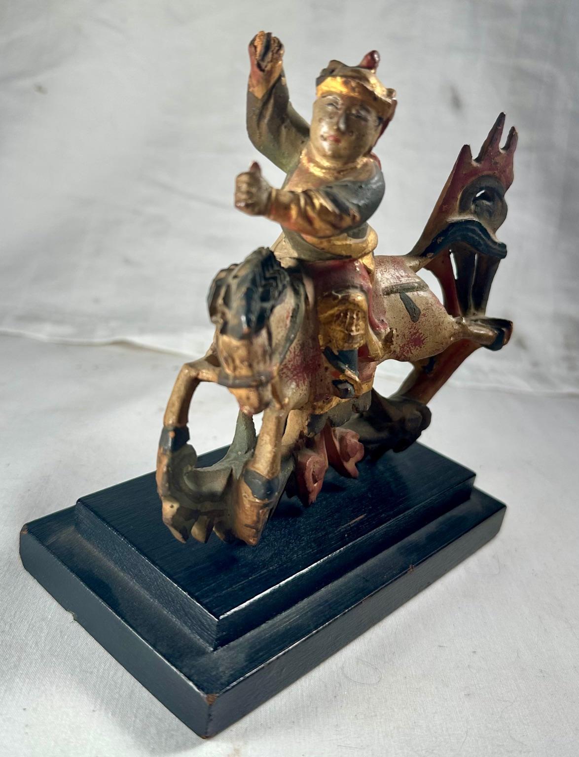 Antique Chinese Miniature Polychromed Wood Carved Statue on Stand For Sale 8