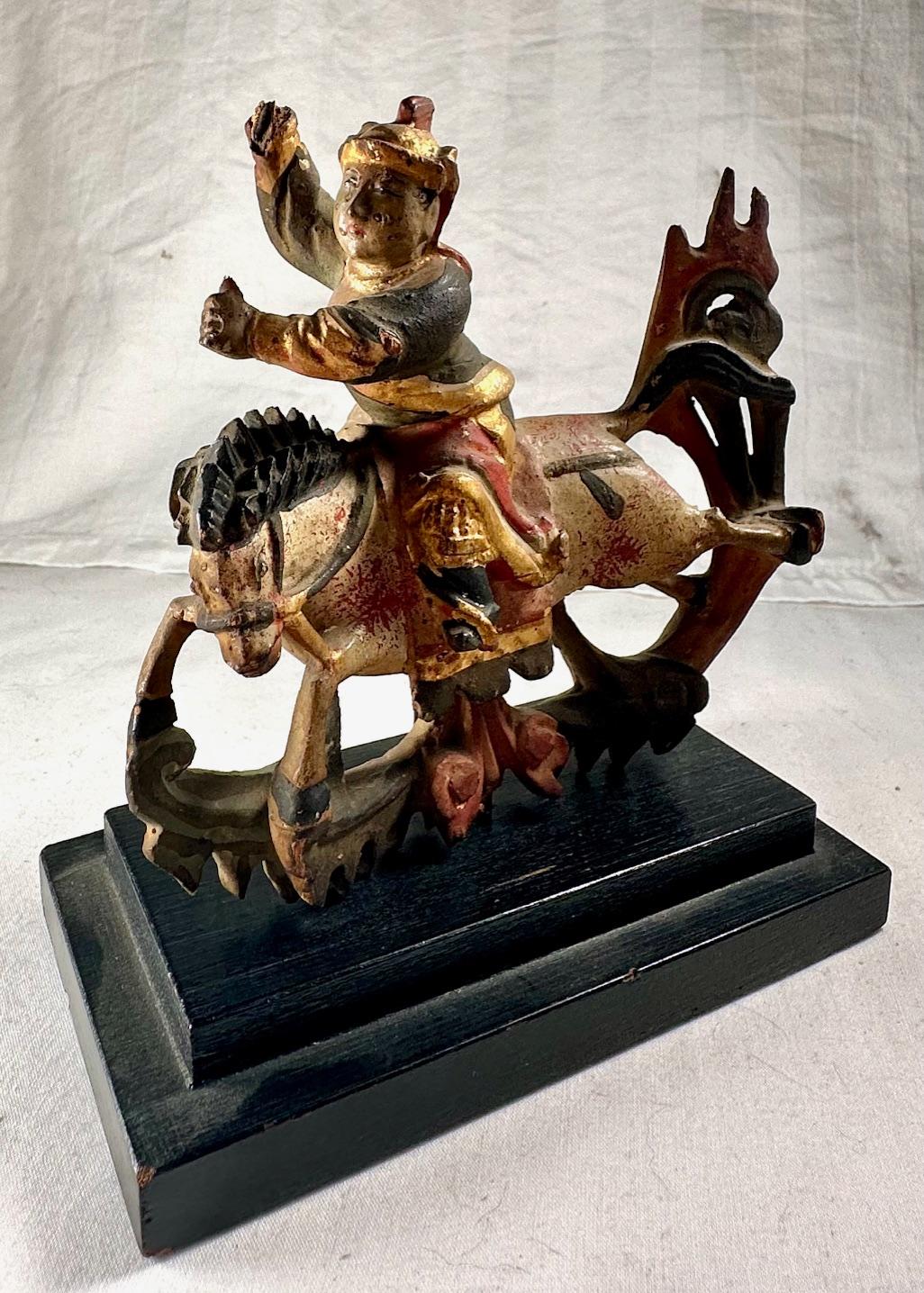 Qing Antique Chinese Miniature Polychromed Wood Carved Statue on Stand For Sale