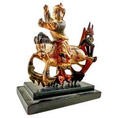 Antike chinesische Miniatur Polychromed Holz geschnitzt Statue auf Stand