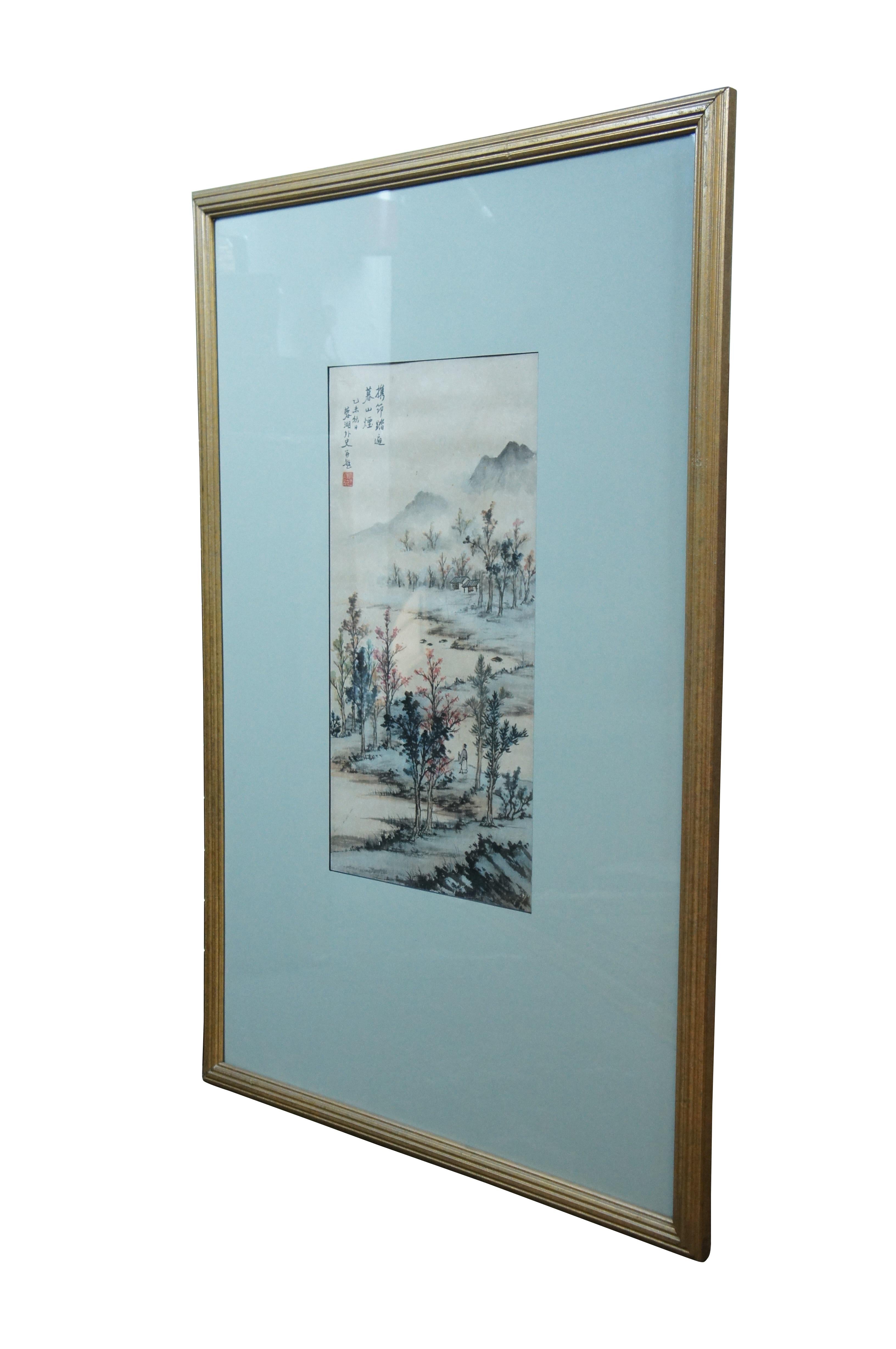 Antique Chinese landscape watercolor painting on paper showing a lone figure walking among the trees towards a small cottage on the misty mountains at dusk. Beveled giltwood frame; light blue mat.

Translation:
1 携節踏遍 Traveling all around during