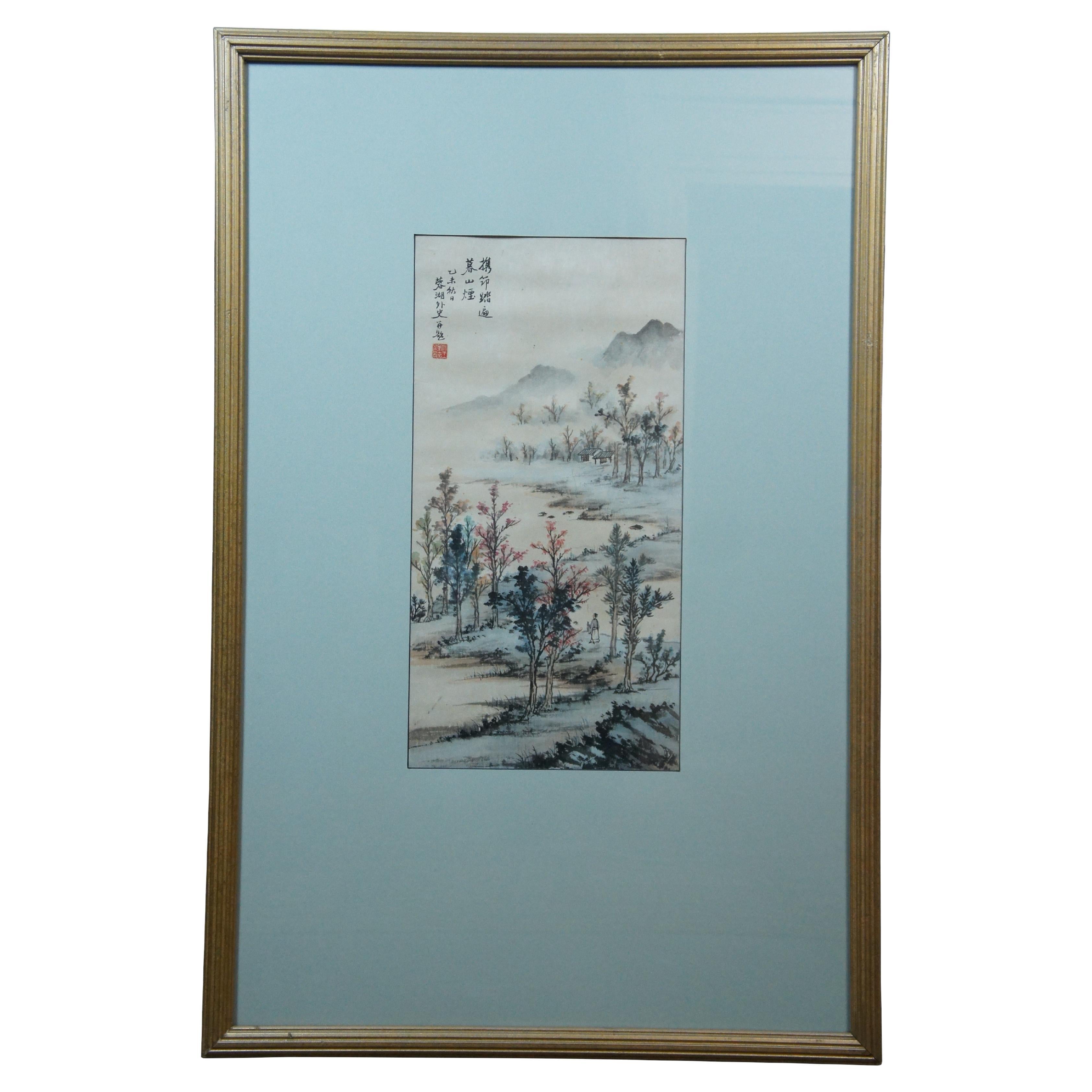Antique Chinese 汪永嘉 Misty Mountain Landscape Watercolor Painting 42" For Sale