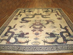 1880s Blue Ivory Antique Chinese Mongolian Dragon Carpet 9'8" x 12' Wool Rug