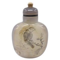 Antigua botella china de rapé de ágata musgosa pájaro inciso 19c Qing