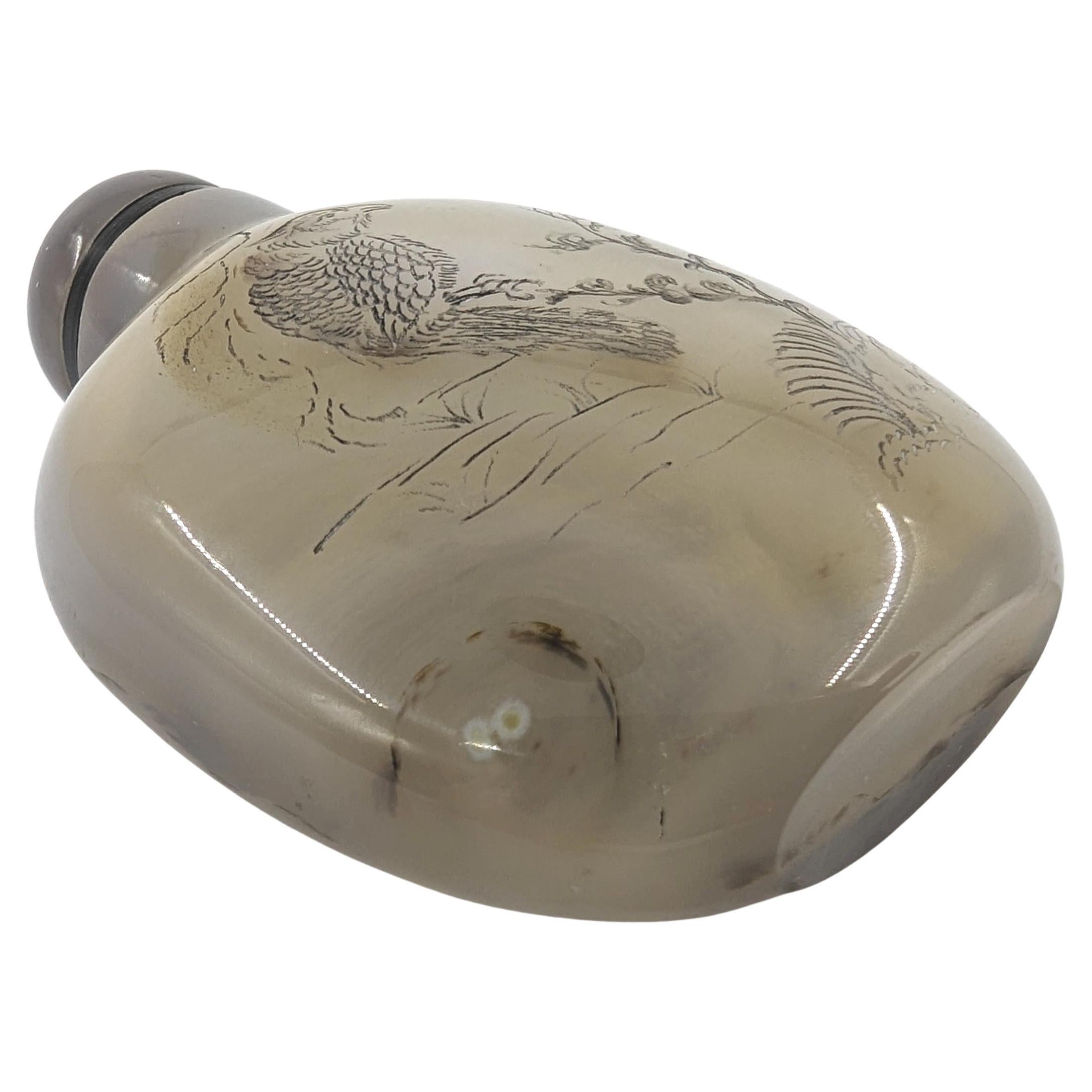 Mixed Cut Antique Chinese Moss Agate Snuff Bottle Incised Bird 19c Qing For Sale