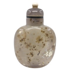 Antigua botella china de rapé de ágata musgosa pájaro inciso 19c Qing