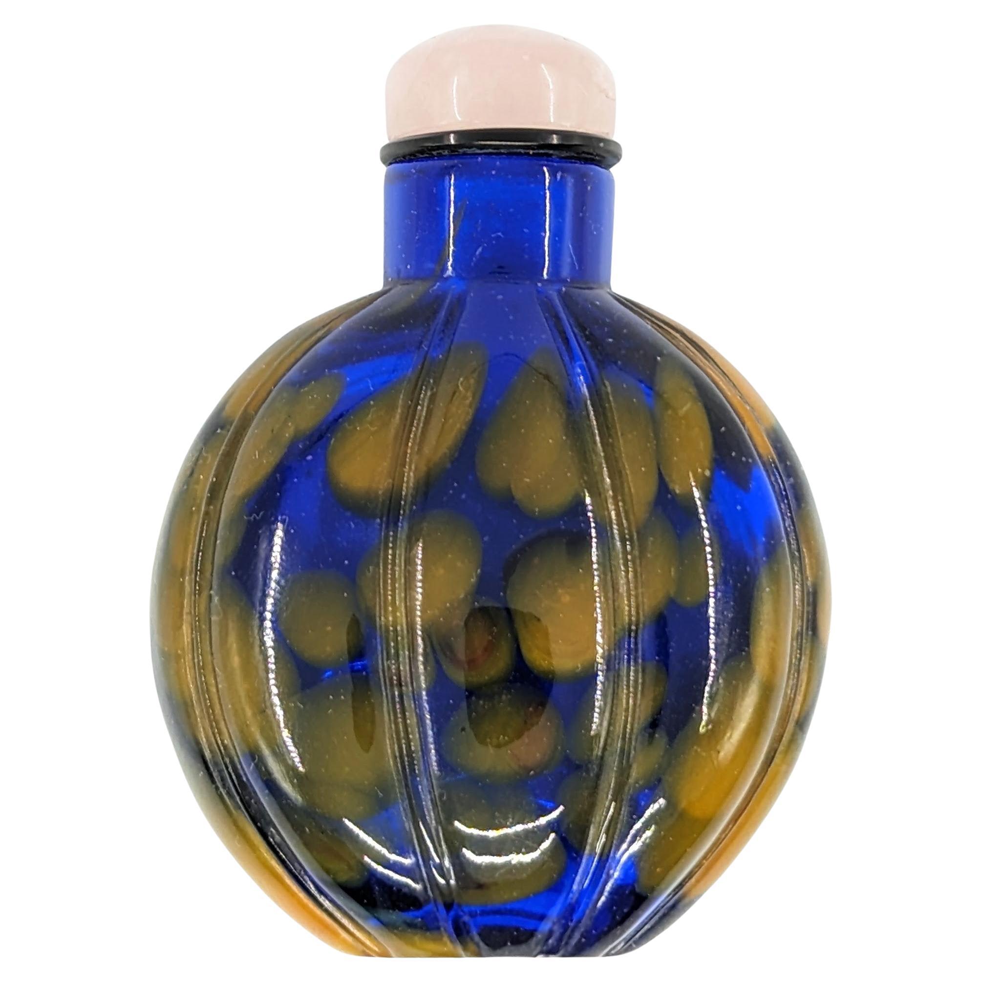 Antike chinesische gesprenkelt Peking Glas Schnupftabak Flasche gelb blau 19c Qing-Dynastie