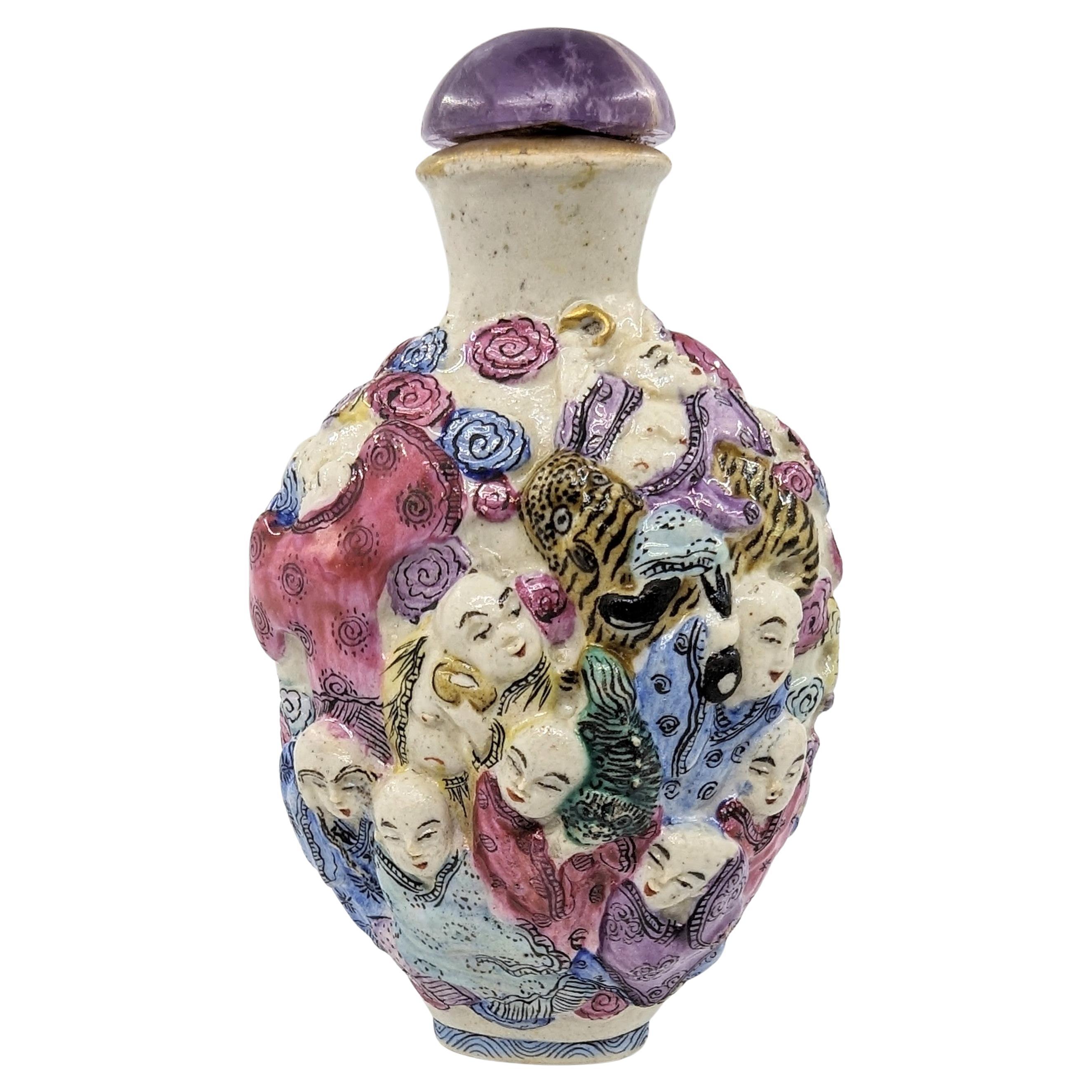 Antique Chinese Moulded Porcelain 18 Arhats Luohan Snuff Bottle Qing Late 18c For Sale 6
