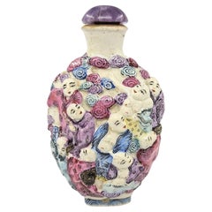 Antique Chinese Moulded Porcelain 18 Arhats Luohan Snuff Bottle Qing Late 18c