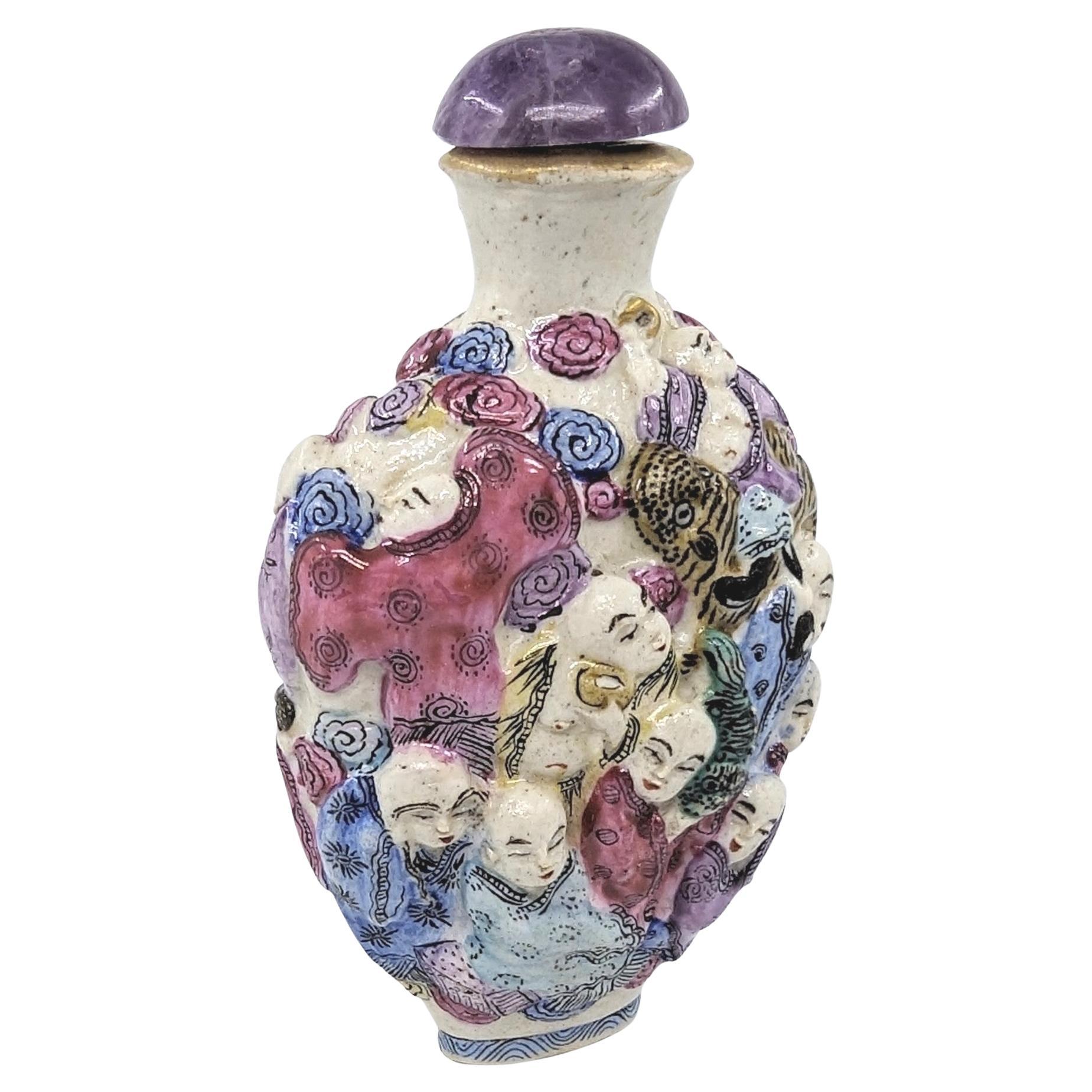 Antique Chinese Moulded Porcelain 18 Arhats Luohan Snuff Bottle Qing Late 18c For Sale 3