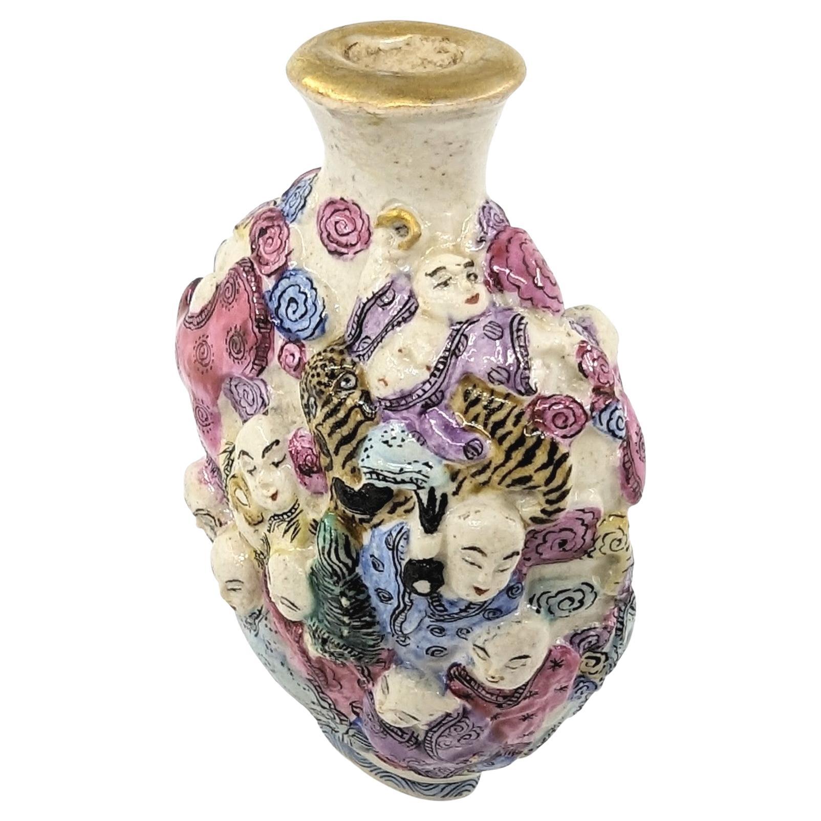 Antique Chinese Moulded Porcelain 18 Arhats Luohan Snuff Bottle Qing Late 18c For Sale 4