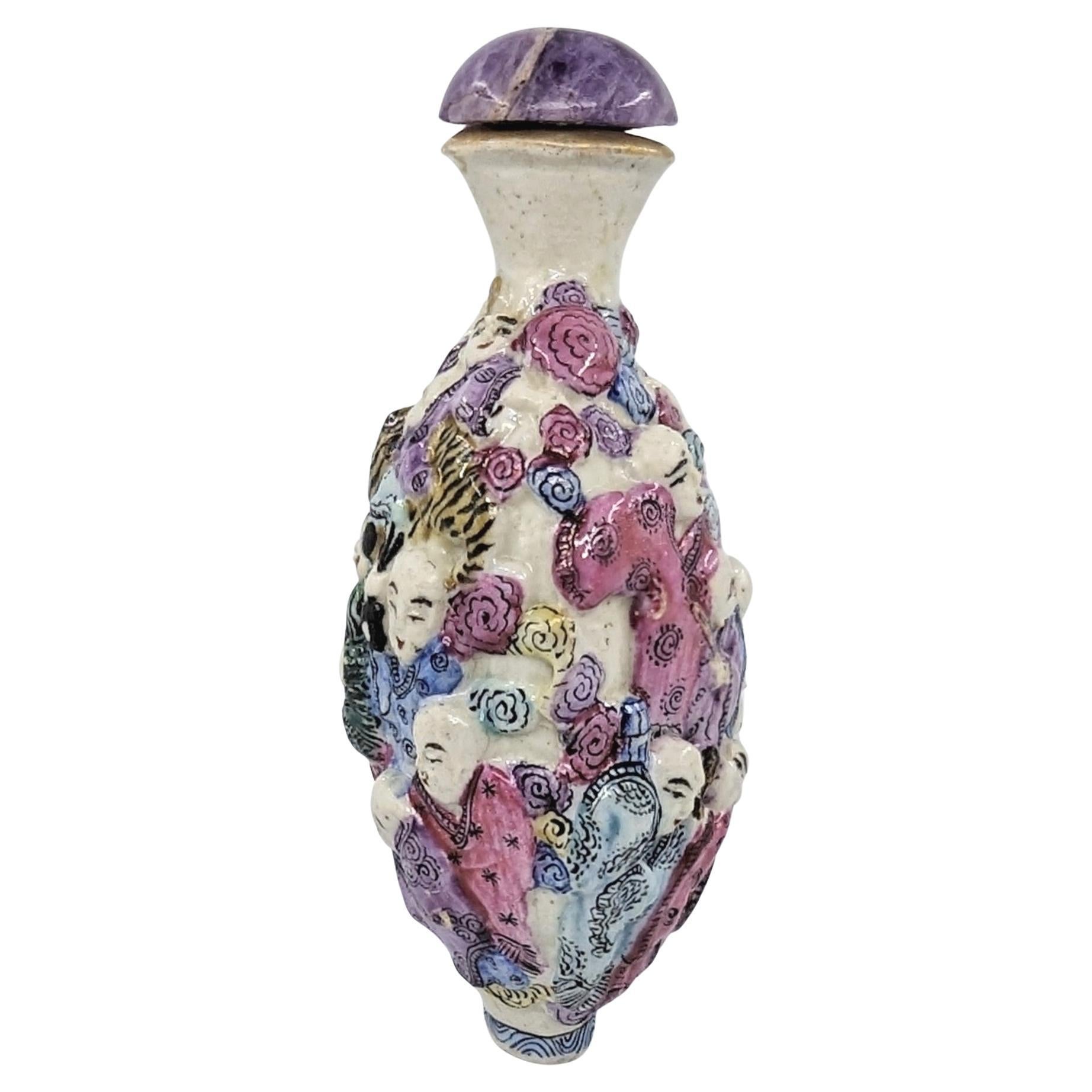 Antique Chinese Moulded Porcelain 18 Arhats Luohan Snuff Bottle Qing Late 18c For Sale 5