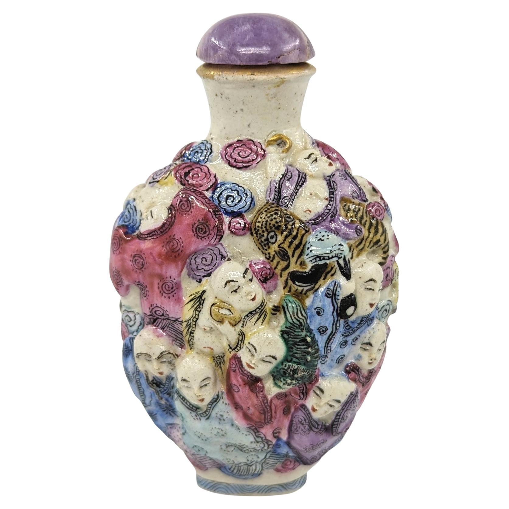 Antique Chinese Moulded Porcelain 18 Arhats Luohan Snuff Bottle Qing Late 18c For Sale