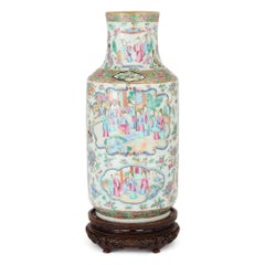 Antique Chinese Multi Coloured Canton Famille Rose Porcelain Wood Vase
