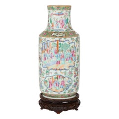 Antique Chinese Multi Coloured Canton Famille Rose Porcelain Wood Vase Antique Chinese Multi Coloured Canton Famille Rose Porcelain Wood Vase