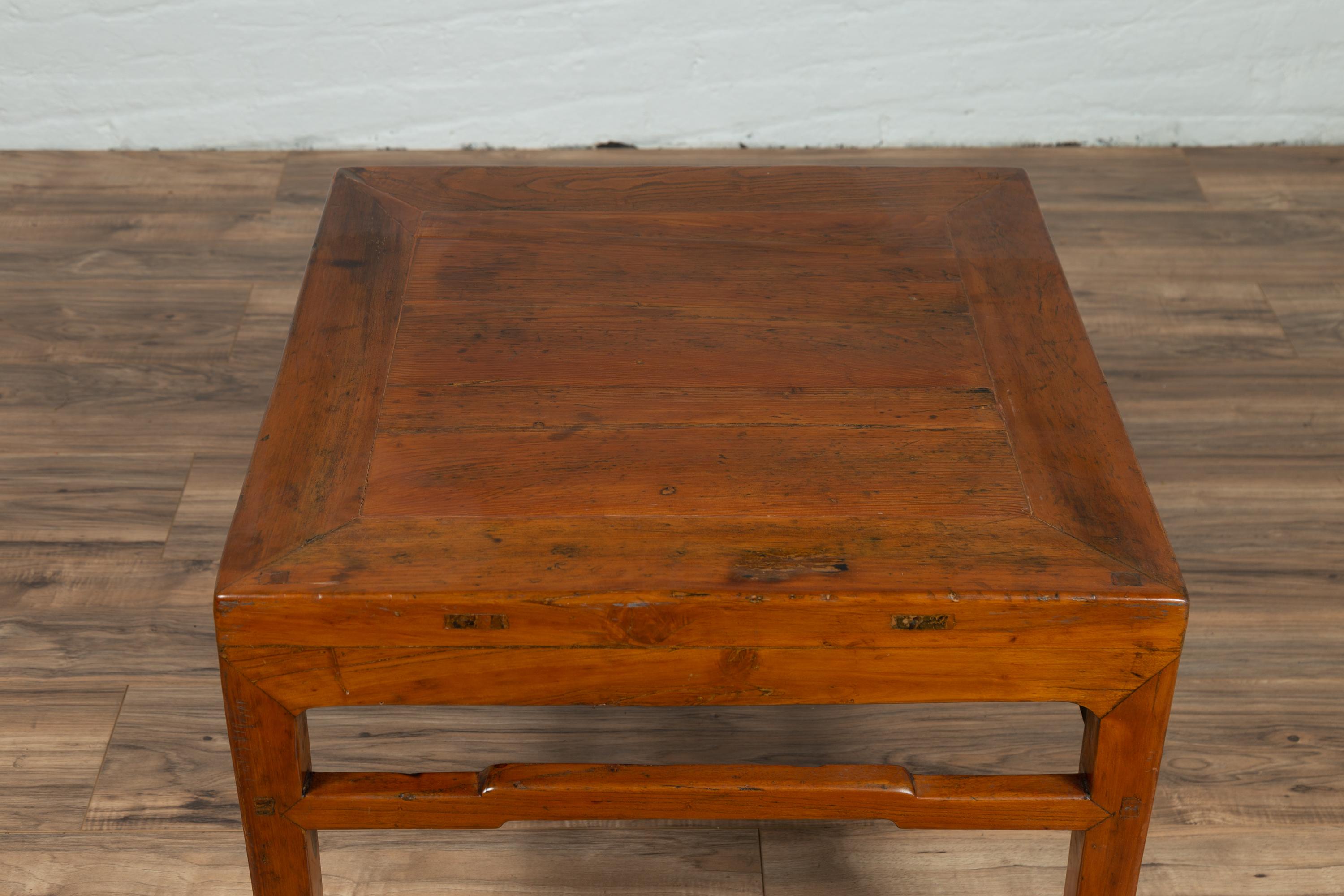 Antique Chinese Natural Wood Side Table with Blond Patina and Humpback Stretcher In Good Condition In Yonkers, NY