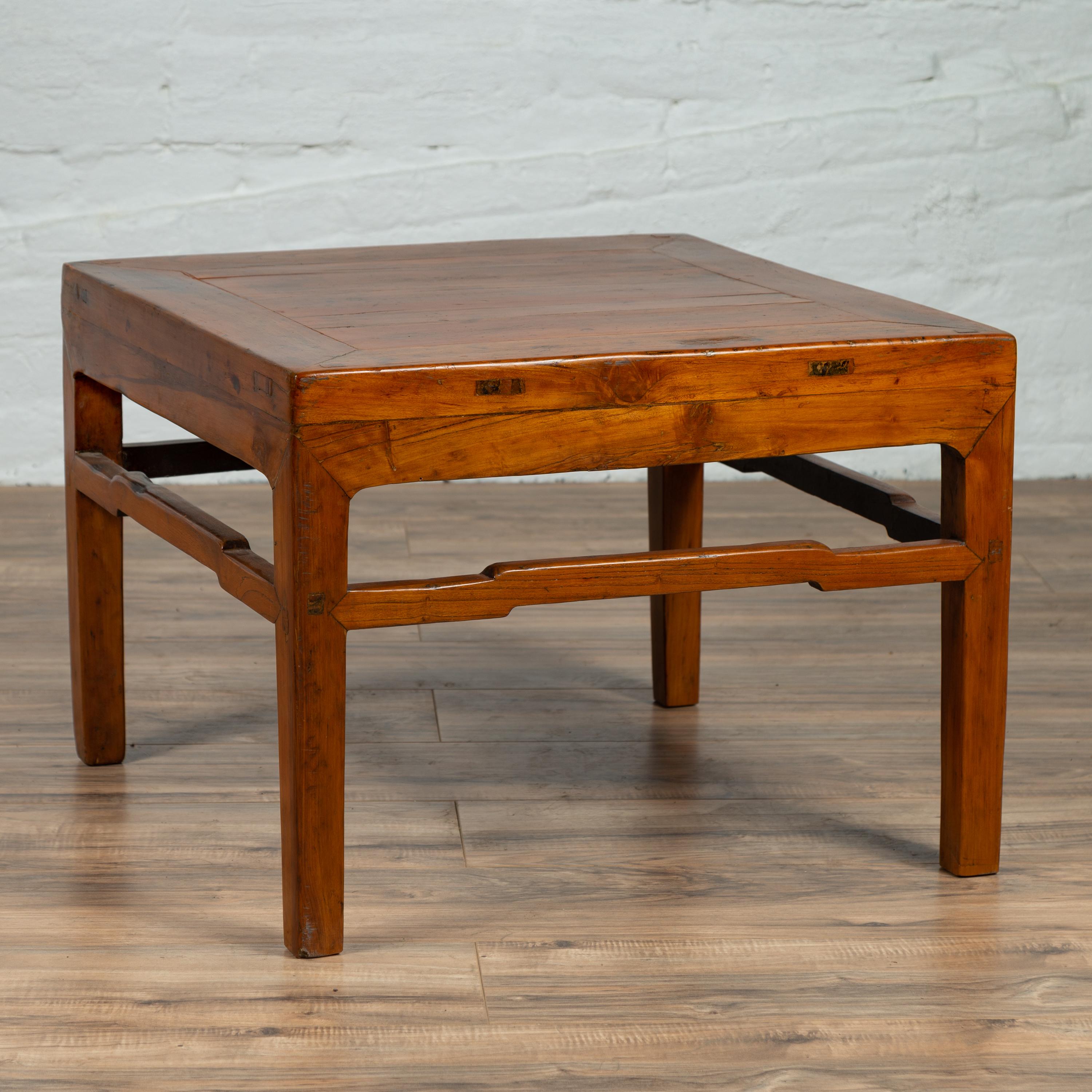 20th Century Antique Chinese Natural Wood Side Table with Blond Patina and Humpback Stretcher