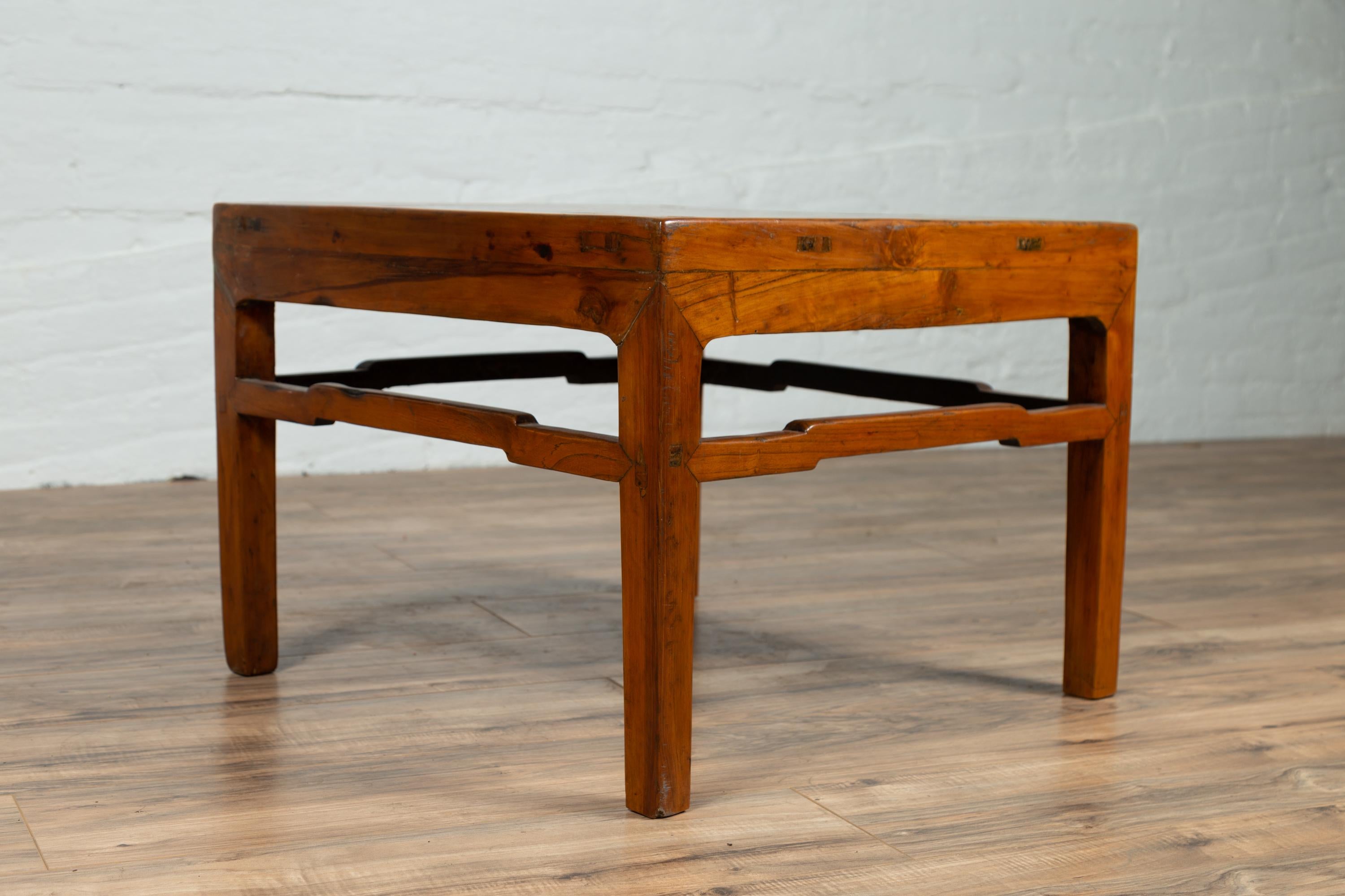 Antique Chinese Natural Wood Side Table with Blond Patina and Humpback Stretcher 2