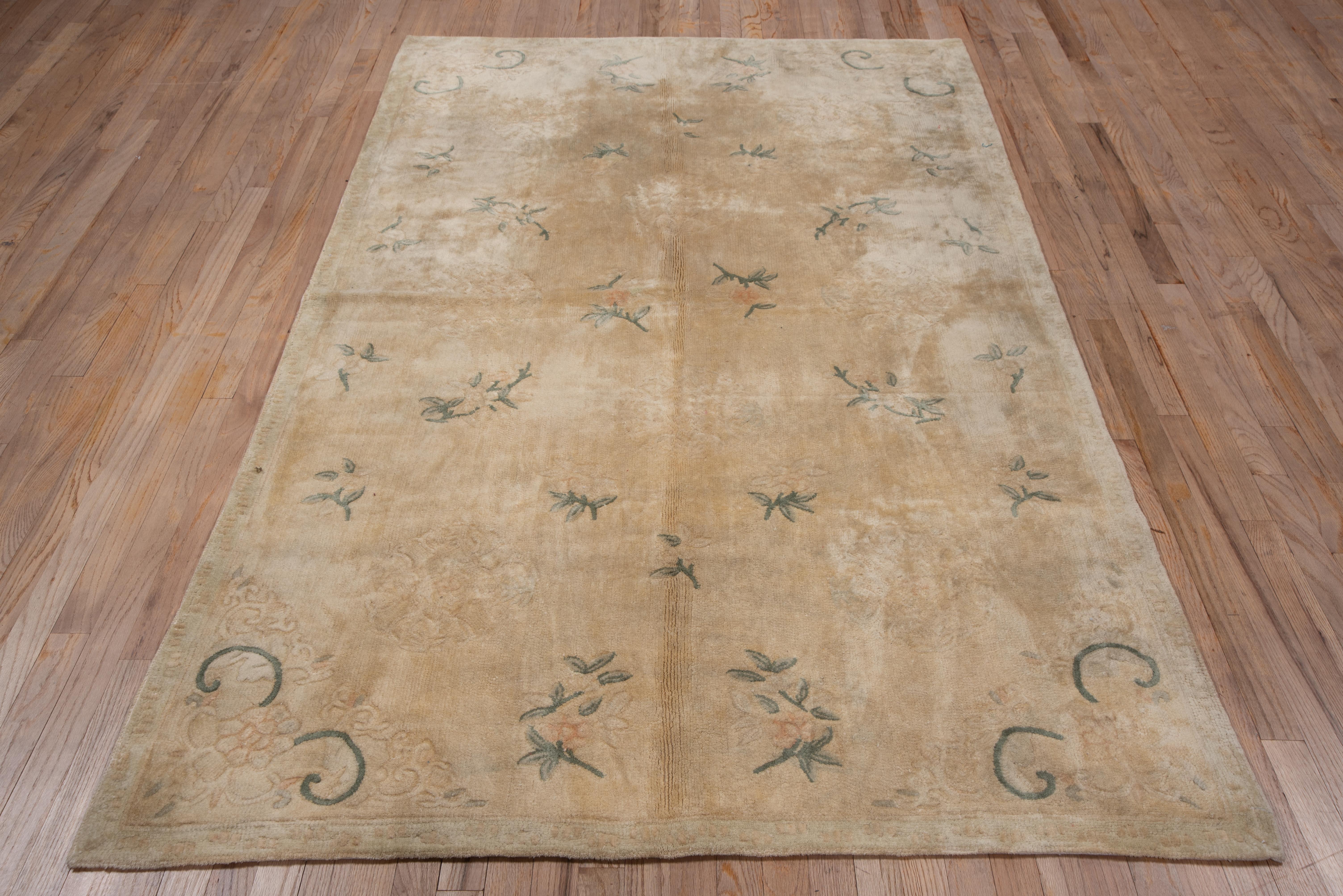 Antique Chinese Needlework Rug with Beige Field and Floral Design In Good Condition For Sale In New York, NY
