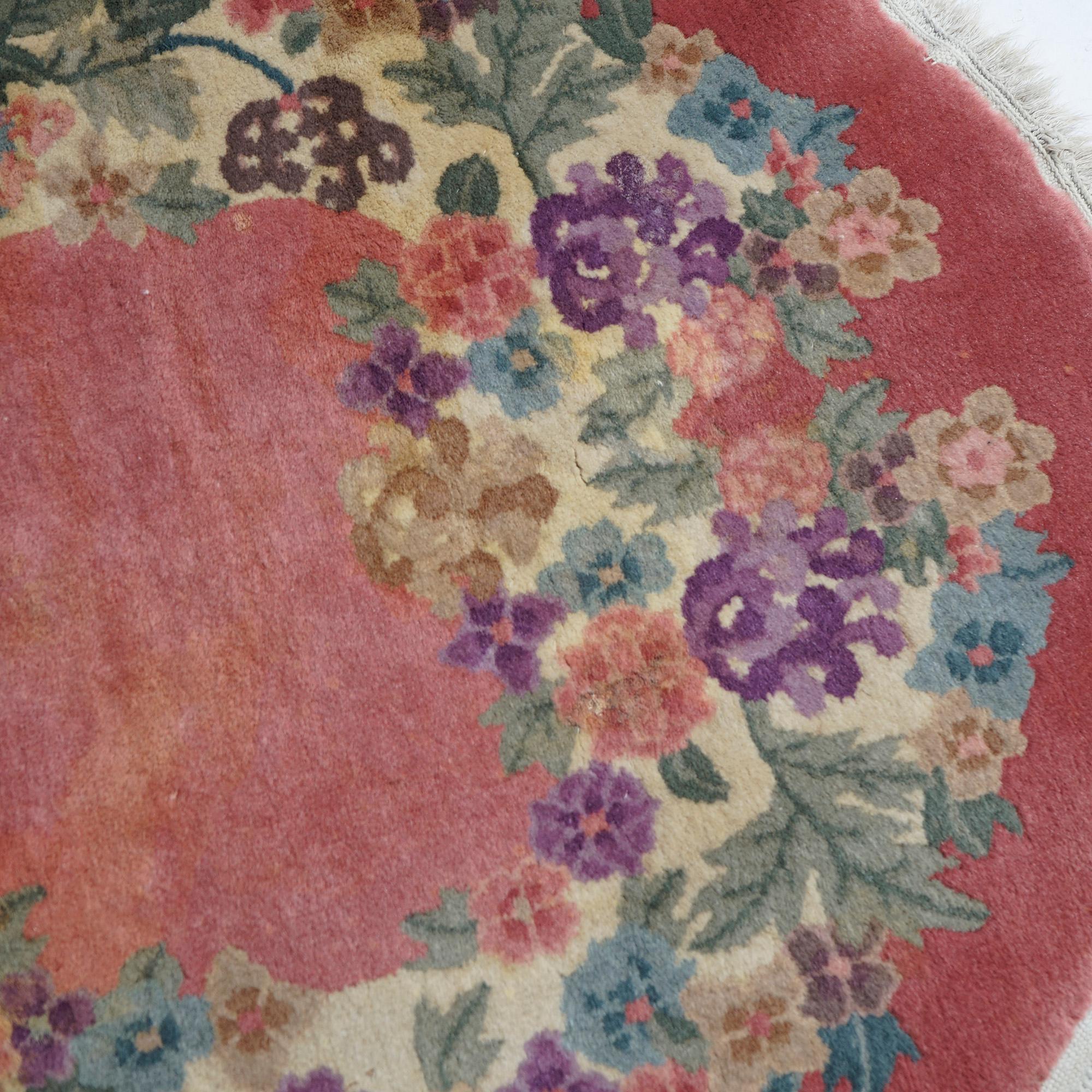 Asian Antique Chinese Nichols Art Deco Floral Wool Rug, Oval, Circa 1920