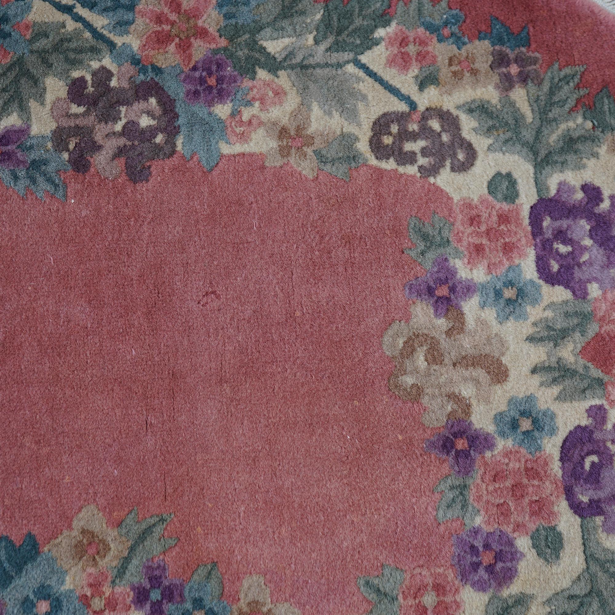 Antique Chinese Nichols Art Deco Floral Wool Rug, Oval, Circa 1920 In Good Condition In Big Flats, NY
