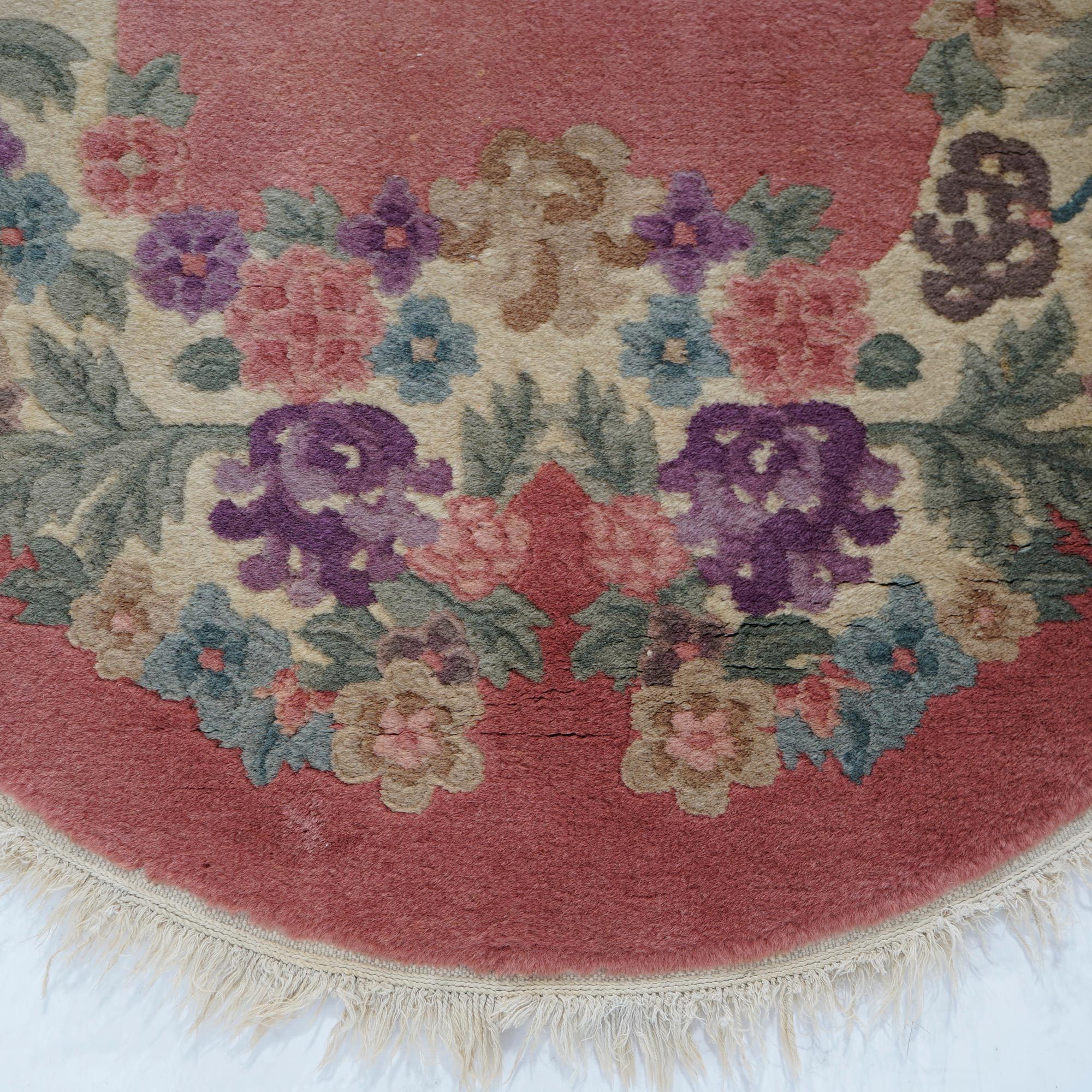 Antique Chinese Nichols Art Deco Floral Wool Rug, Oval, Circa 1920 1