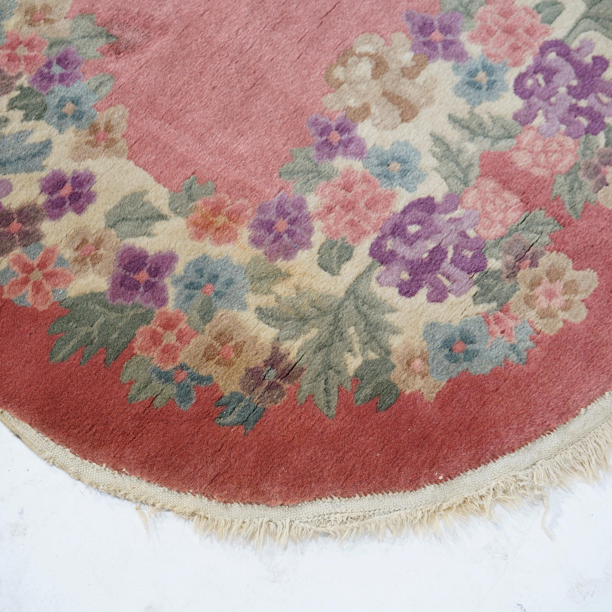 Antique Chinese Nichols Art Deco Floral Wool Rug, Oval, Circa 1920 1