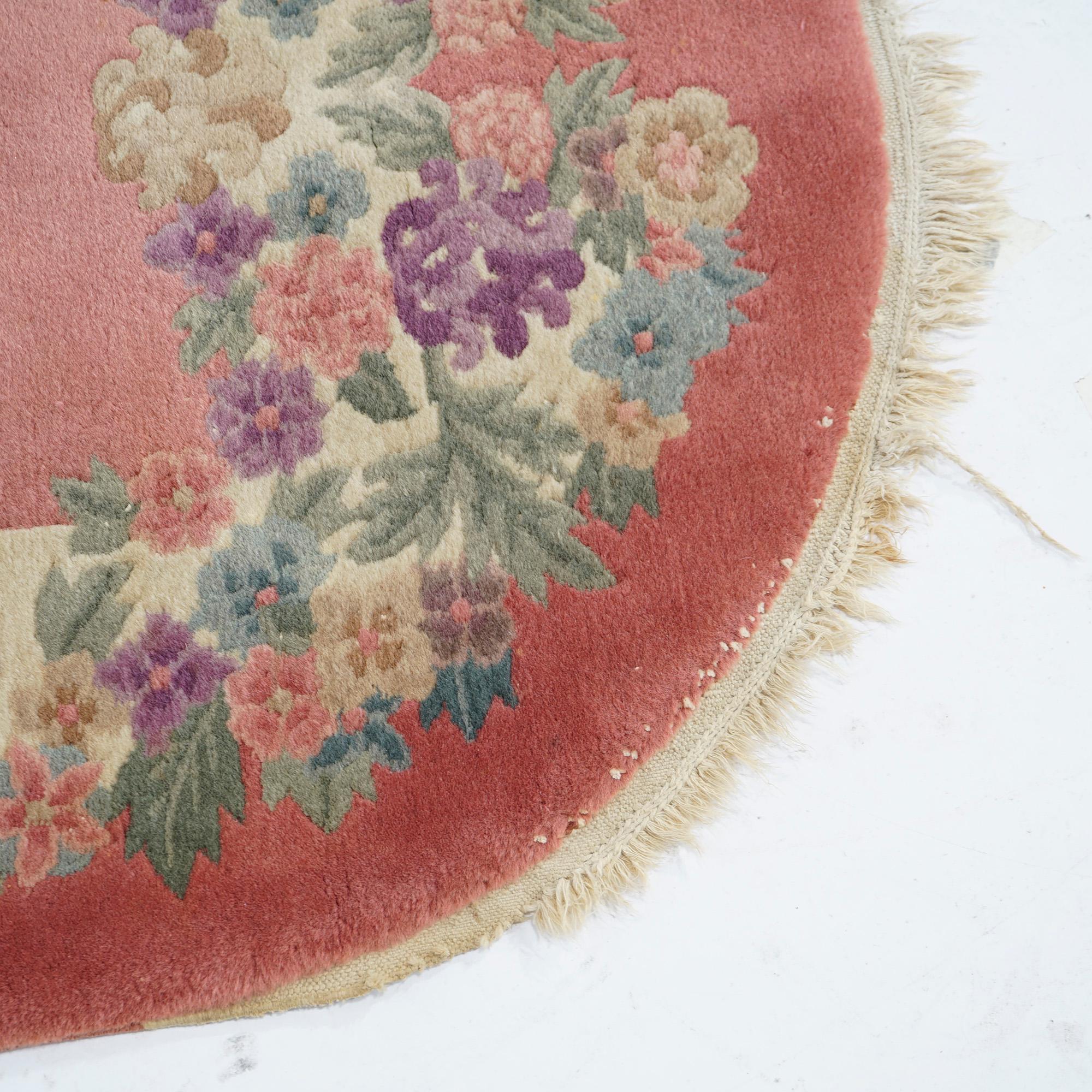 Antique Chinese Nichols Art Deco Floral Wool Rug, Oval, Circa 1920 3