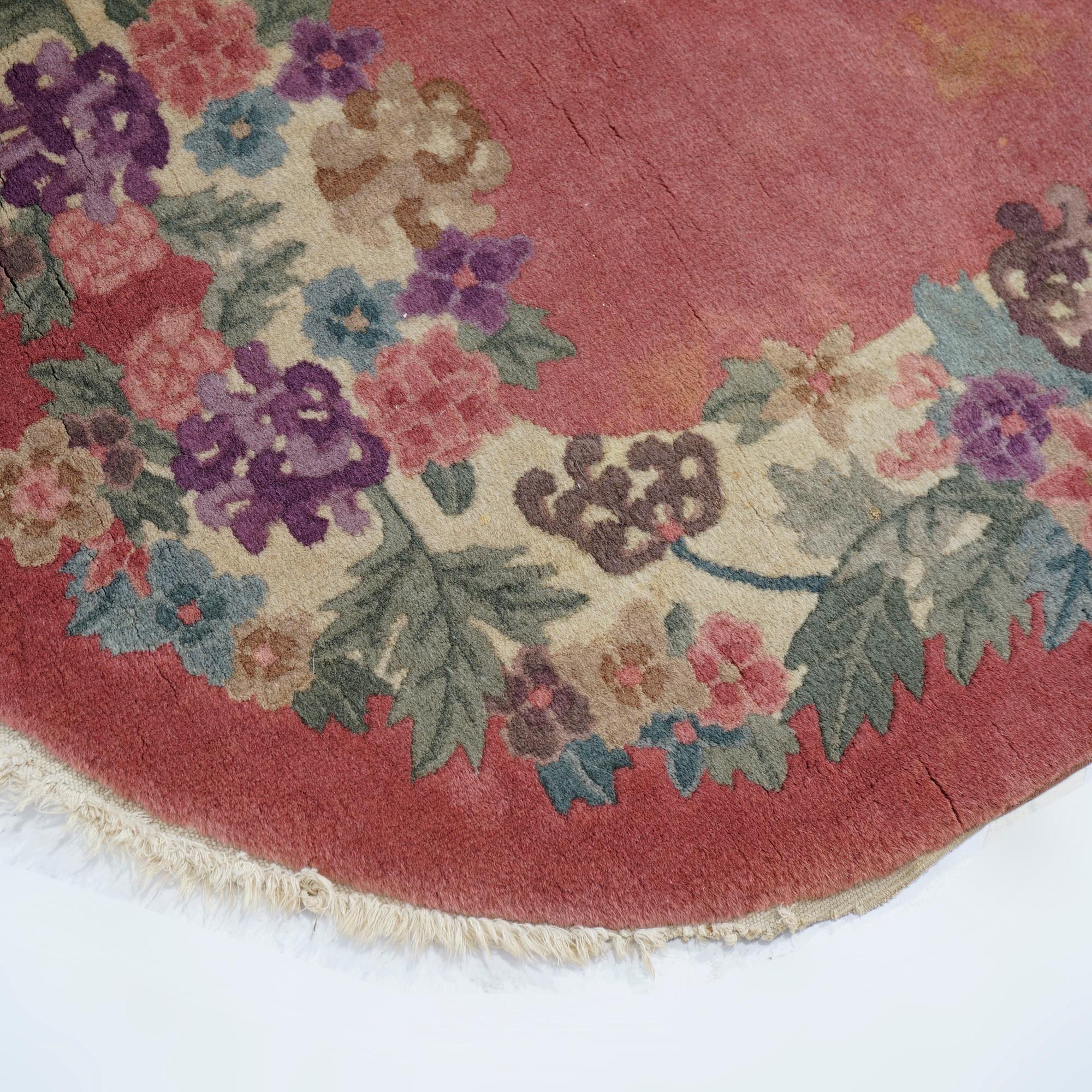 Antique Chinese Nichols Art Deco Floral Wool Rug, Oval, Circa 1920 3