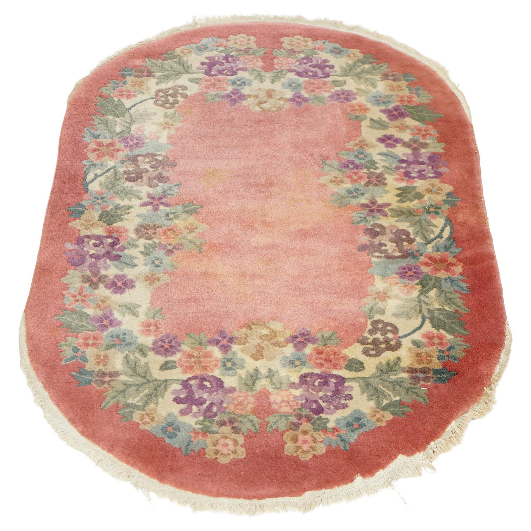 Antique Chinese Nichols Art Deco Floral Wool Rug, Oval, Circa 1920