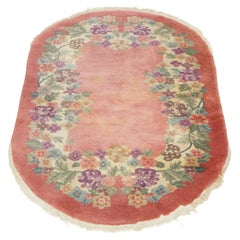 Antique Chinese Nichols Art Deco Floral Wool Rug, Oval, Circa 1920