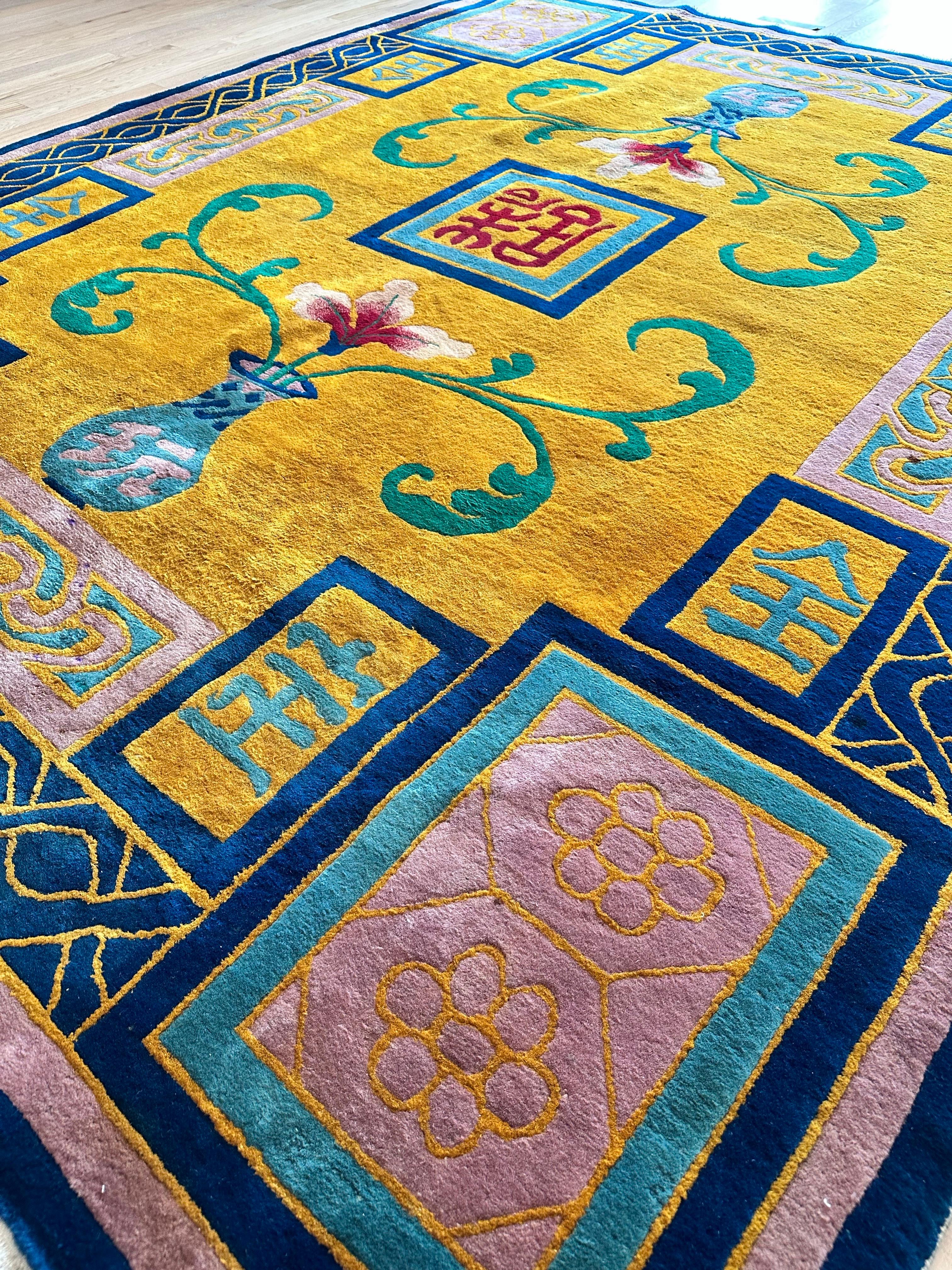 Antique Chinese Nichols Carpet, Gold, Blue, Green, Navy Carpet Handmade Wool Rug For Sale 4
