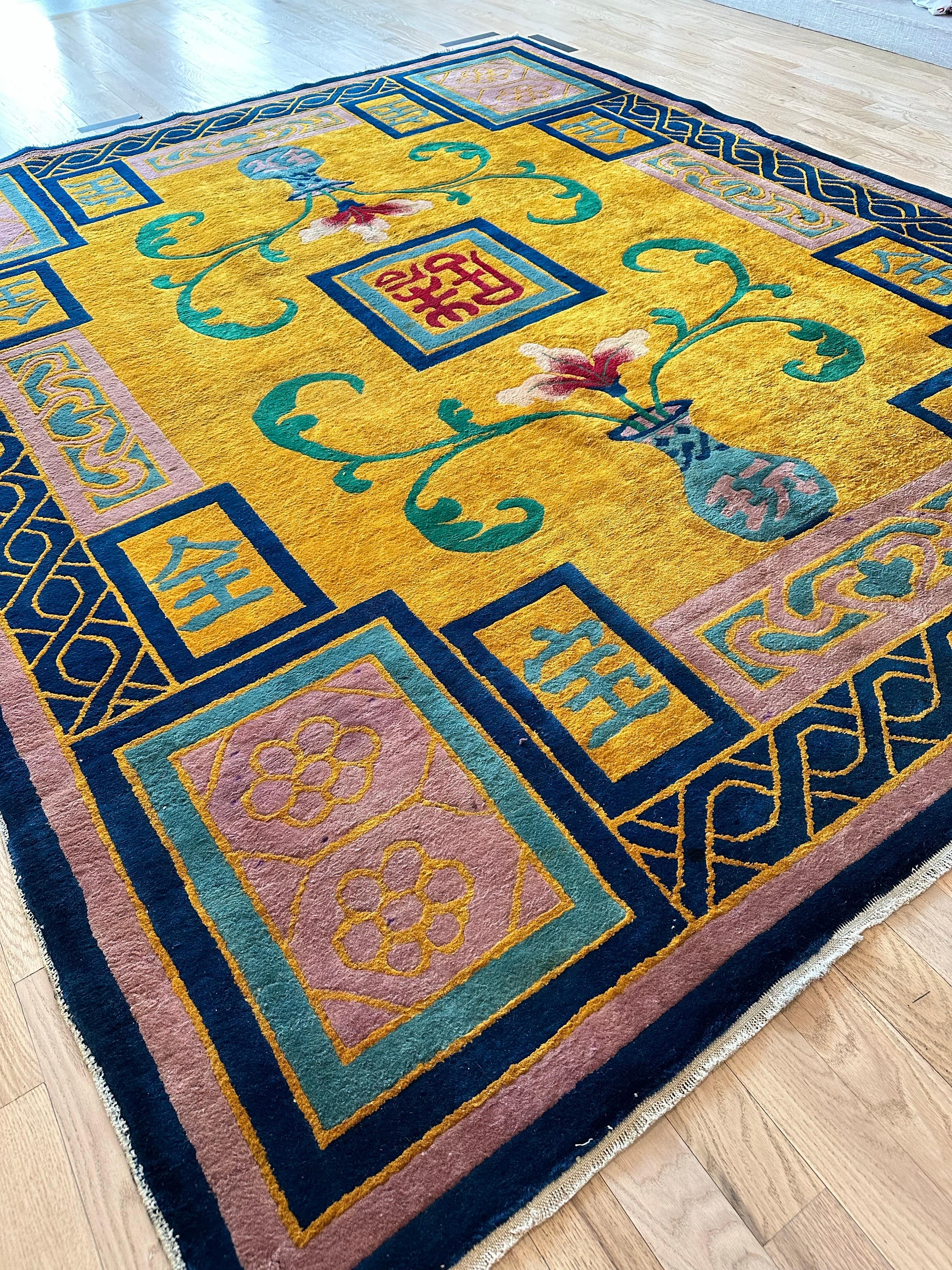 Antique Chinese Nichols Carpet, Gold, Blue, Green, Navy Carpet Handmade Wool Rug For Sale 5
