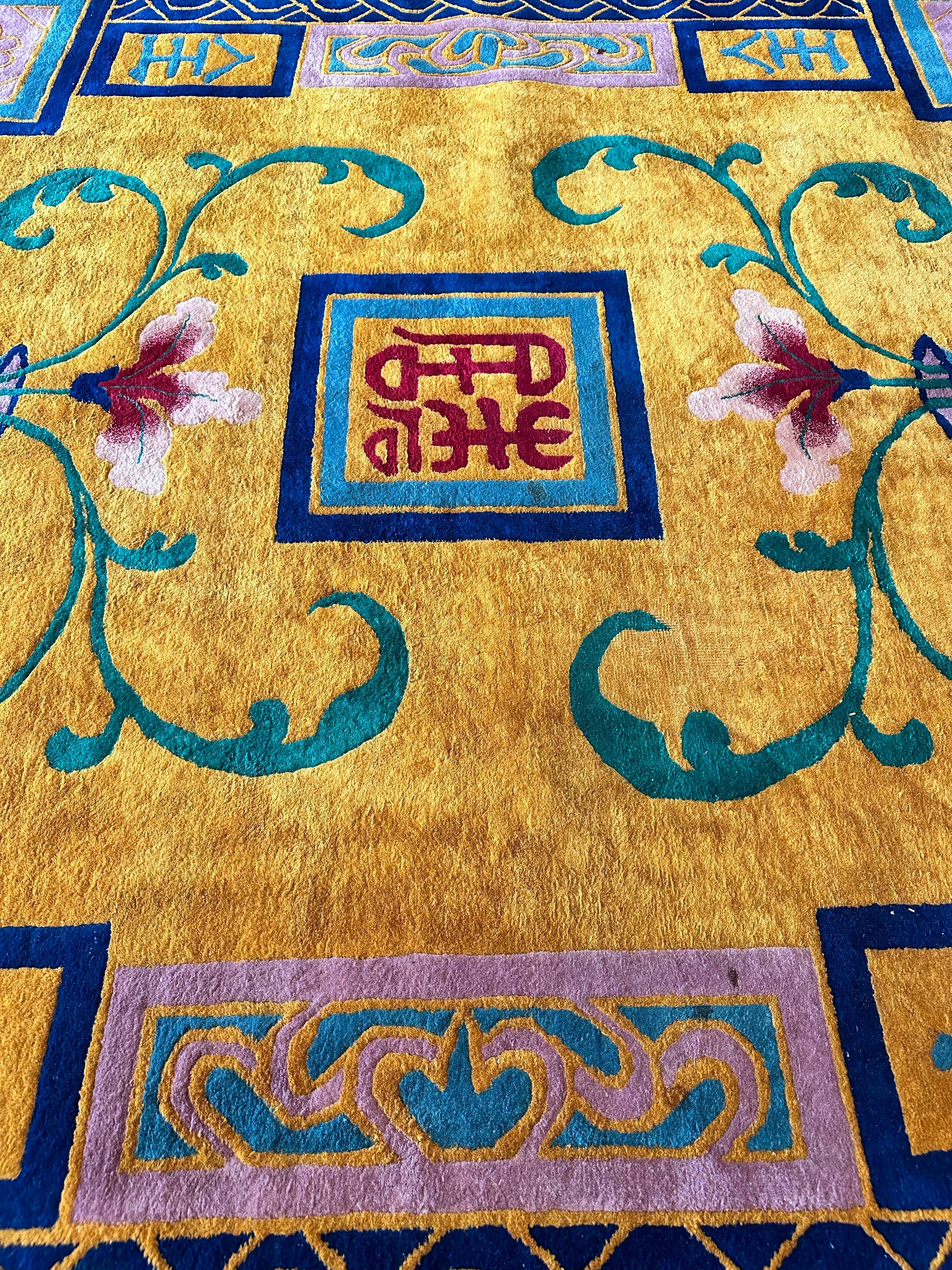 Antique Chinese Nichols Carpet, Gold, Blue, Green, Navy Carpet Handmade Wool Rug For Sale 8