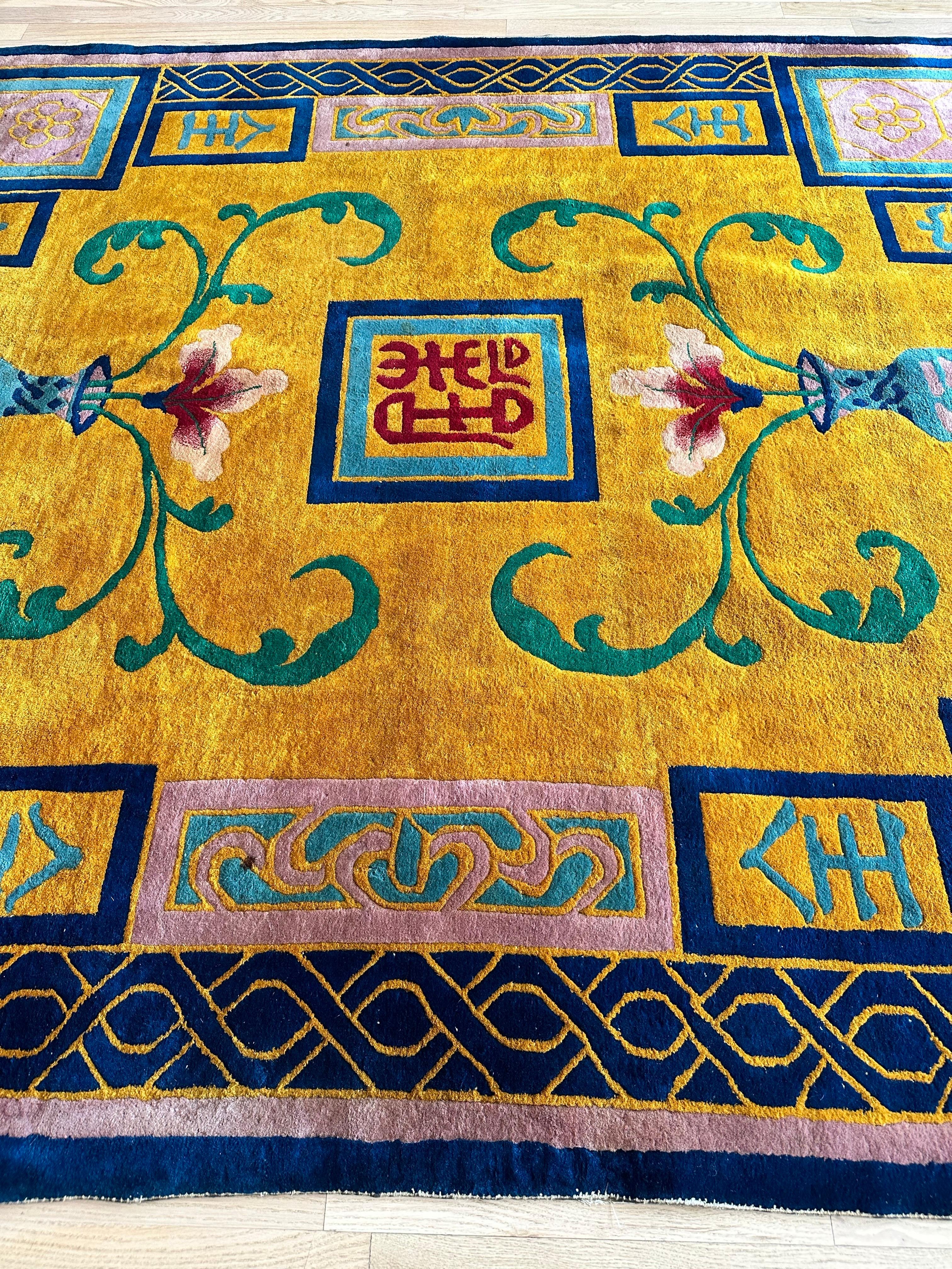 Antique Chinese Nichols Carpet, Gold, Blue, Green, Navy Carpet Handmade Wool Rug For Sale 9