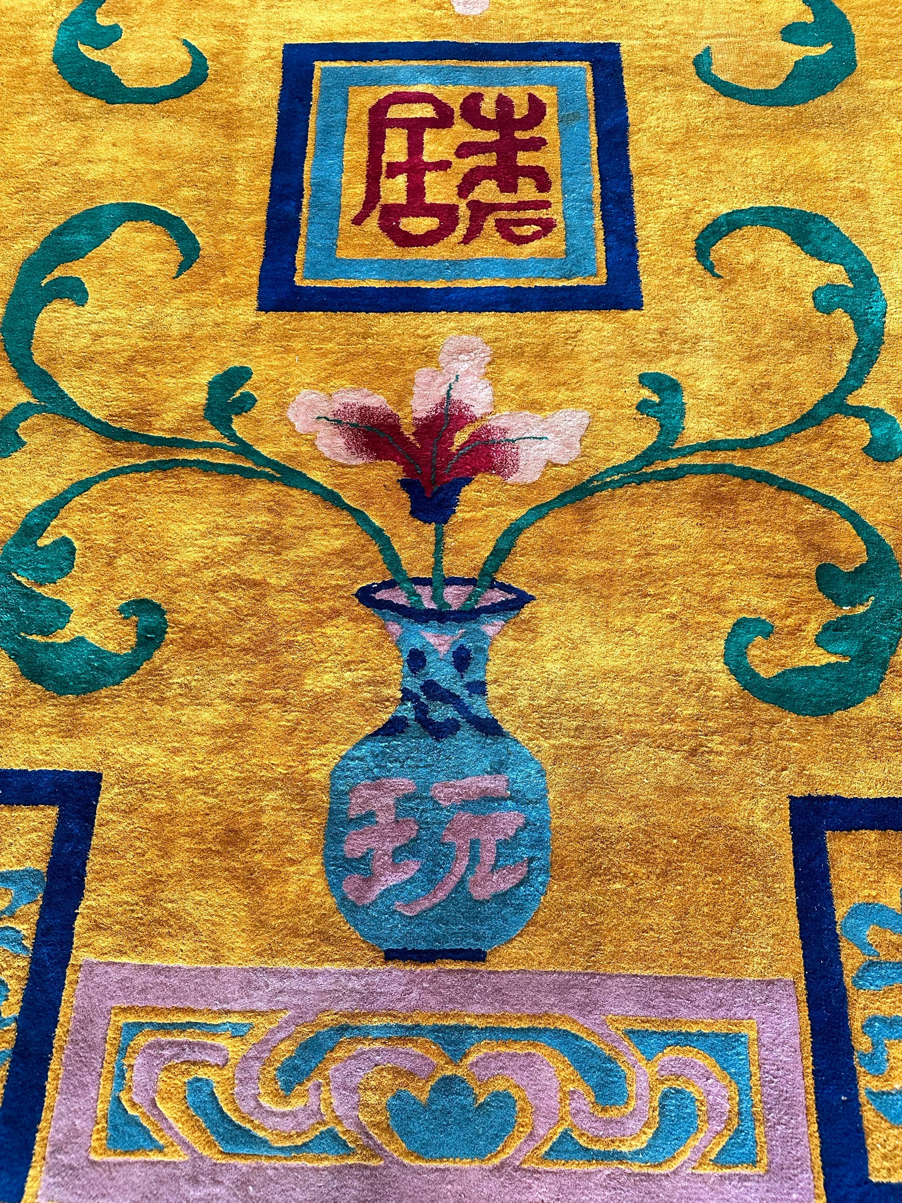 Antique Chinese Nichols Carpet, Gold, Blue, Green, Navy Carpet Handmade Wool Rug For Sale 11
