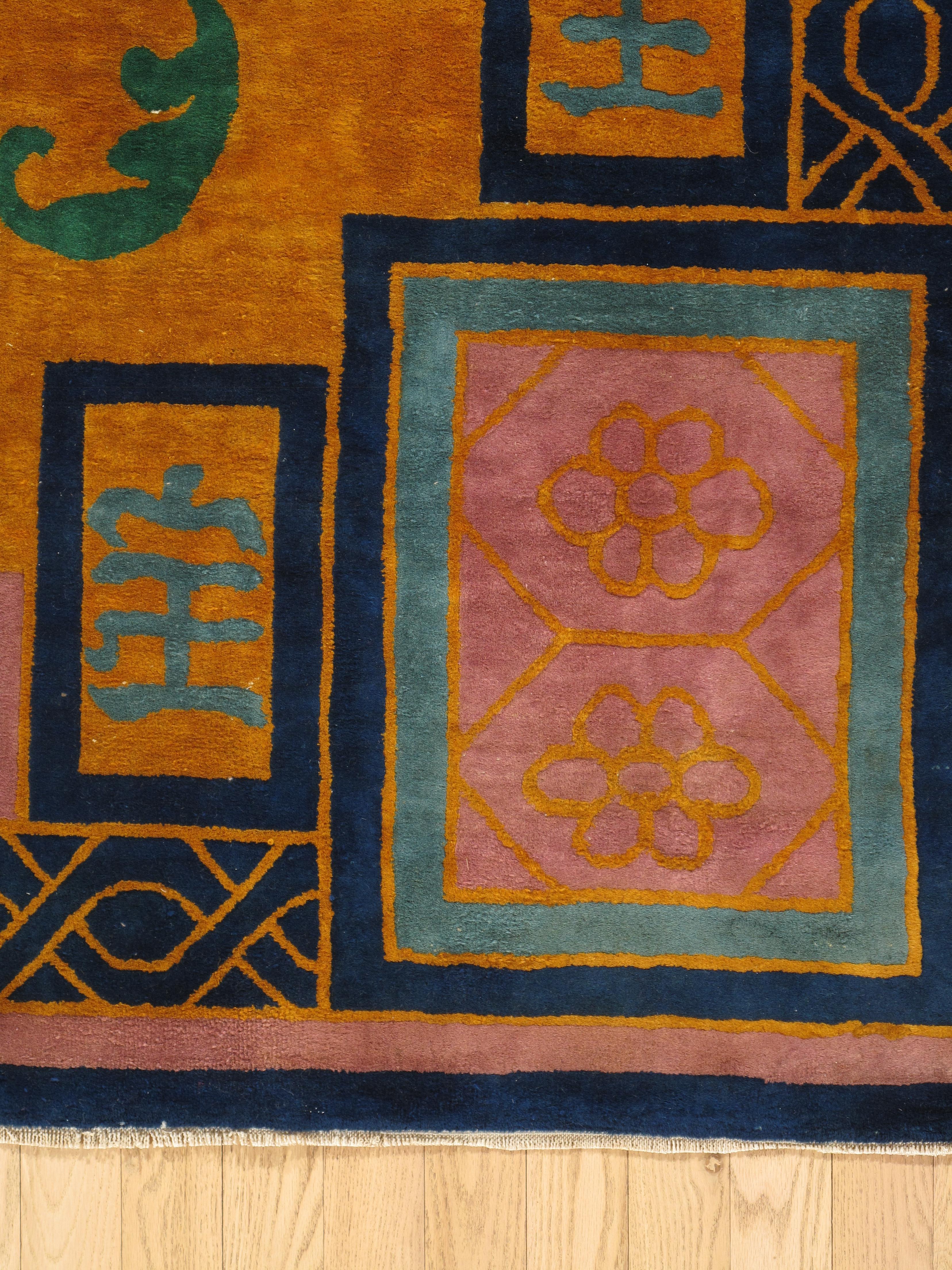 Chinese Export Antique Chinese Nichols Carpet, Gold, Blue, Green, Navy Carpet Handmade Wool Rug For Sale
