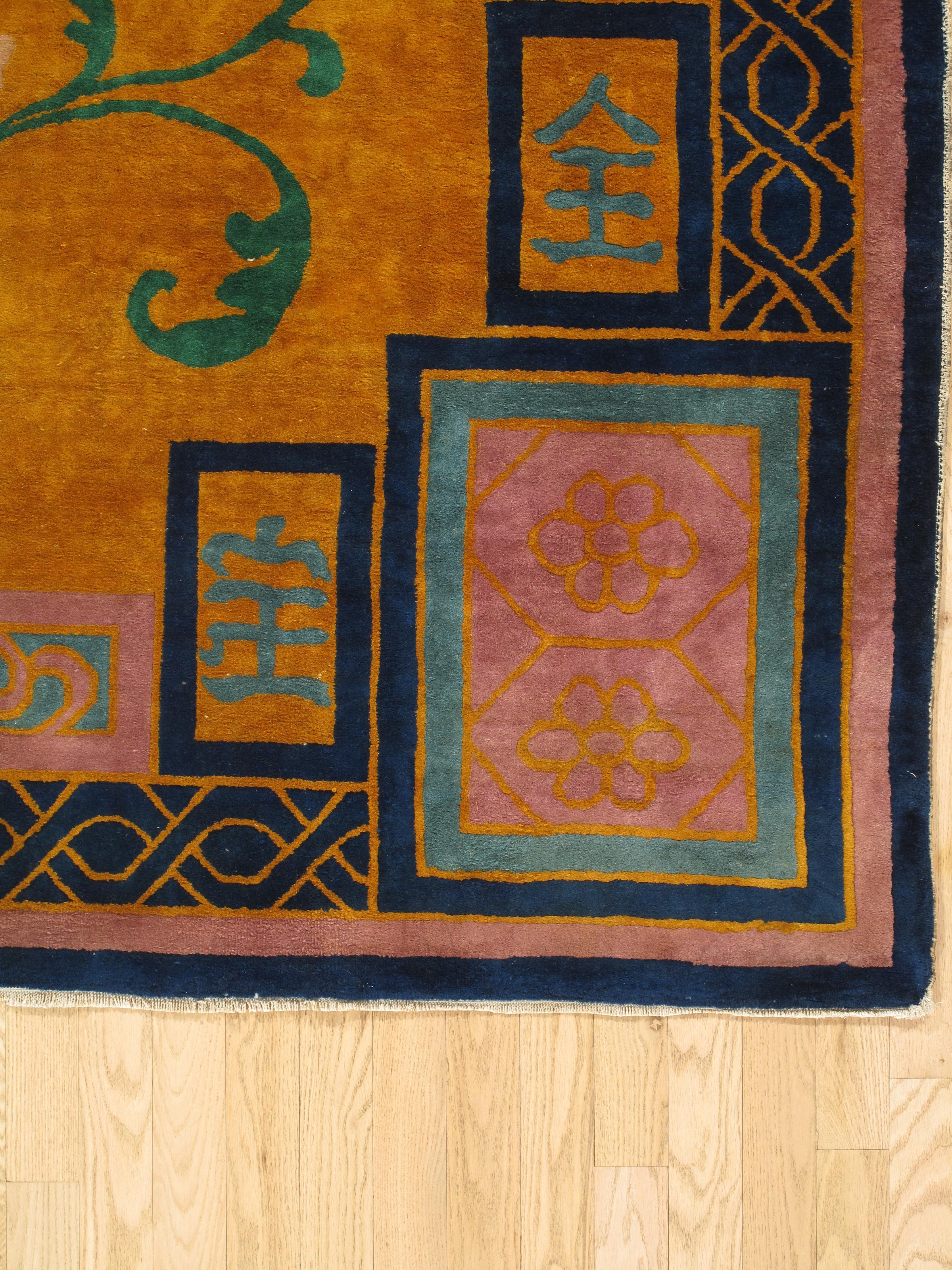 Hand-Knotted Antique Chinese Nichols Carpet, Gold, Blue, Green, Navy Carpet Handmade Wool Rug For Sale