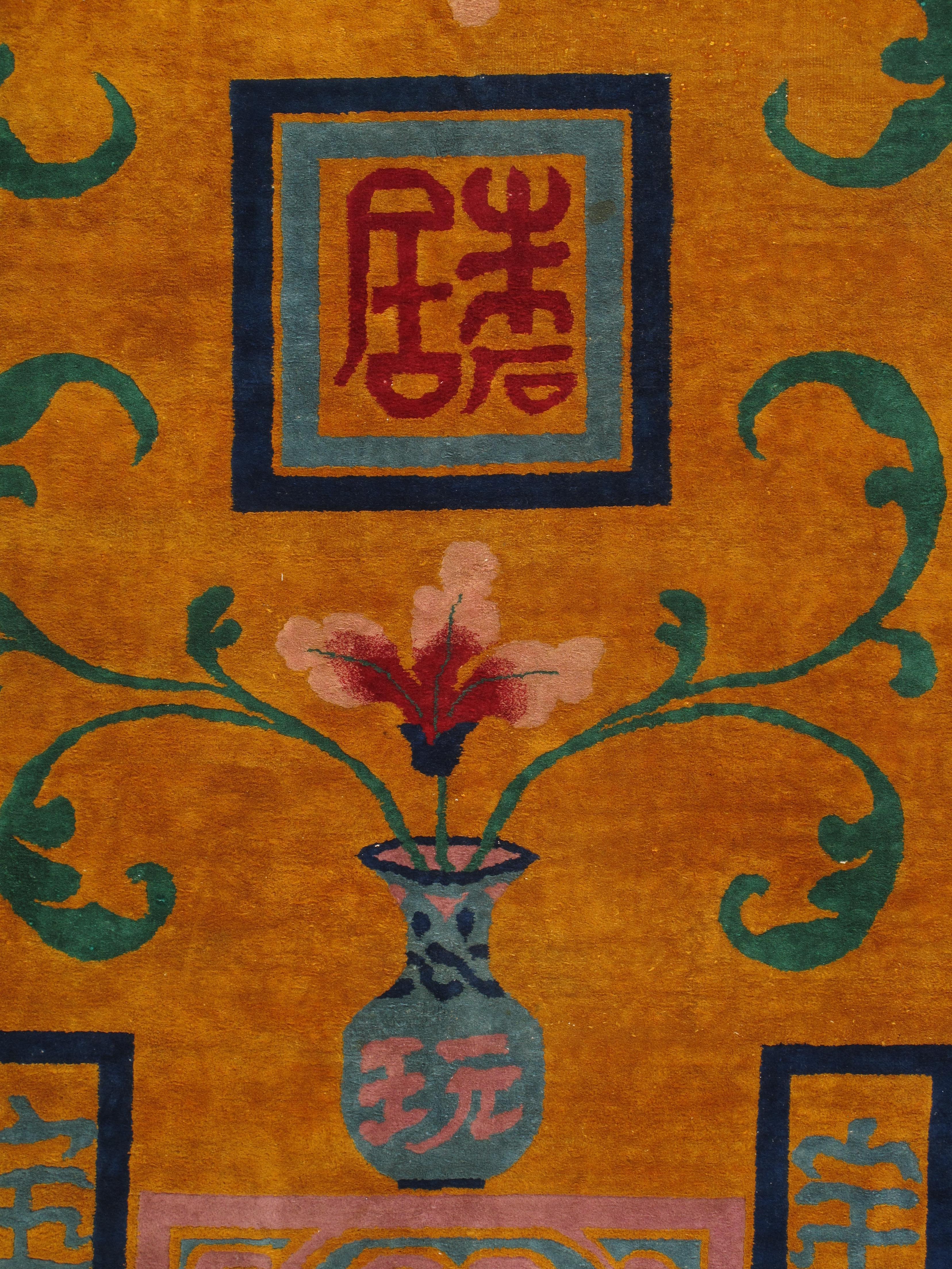 Antique Chinese Nichols Carpet, Gold, Blue, Green, Navy Carpet Handmade Wool Rug For Sale 1