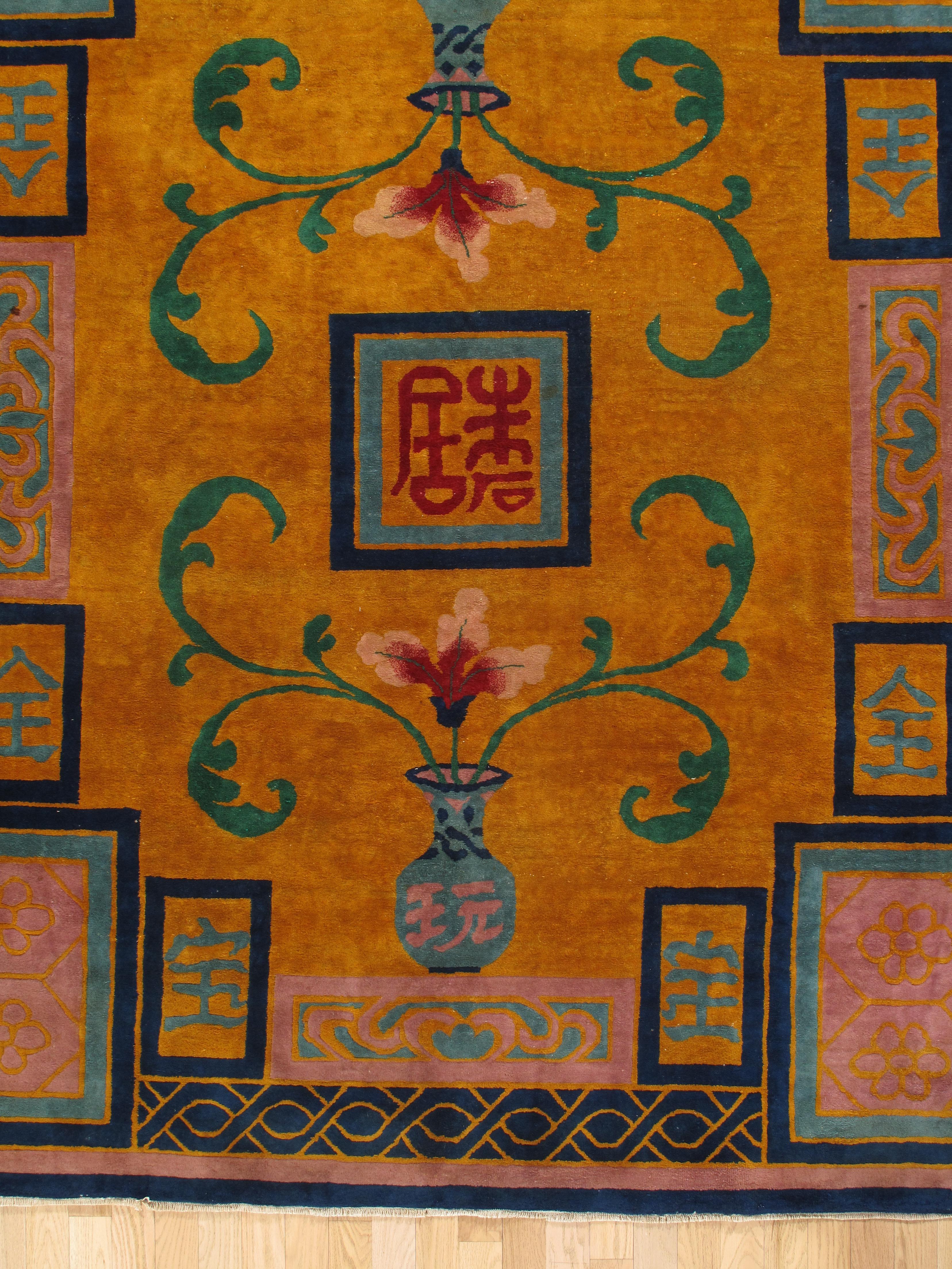 Antique Chinese Nichols Carpet, Gold, Blue, Green, Navy Carpet Handmade Wool Rug For Sale 2