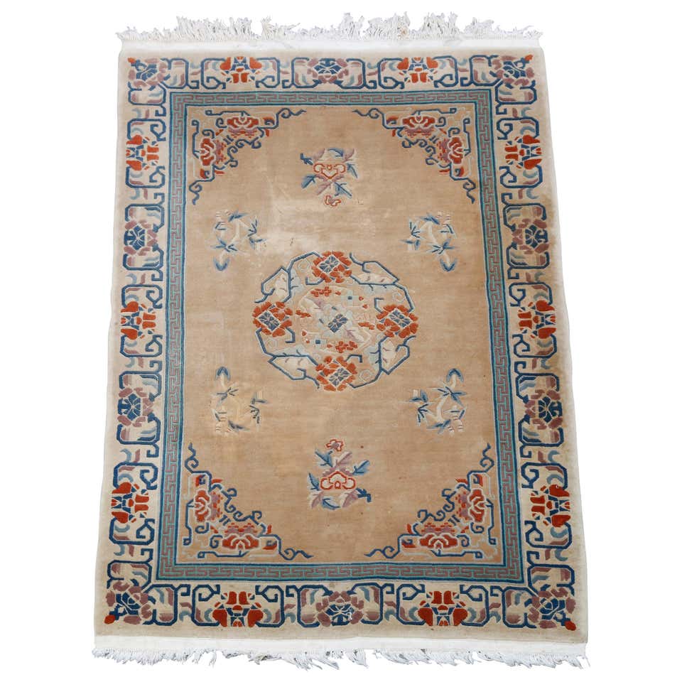 Antique Chinese Rug, Tan and Blue Oriental Handmade Wool Rug For Sale ...