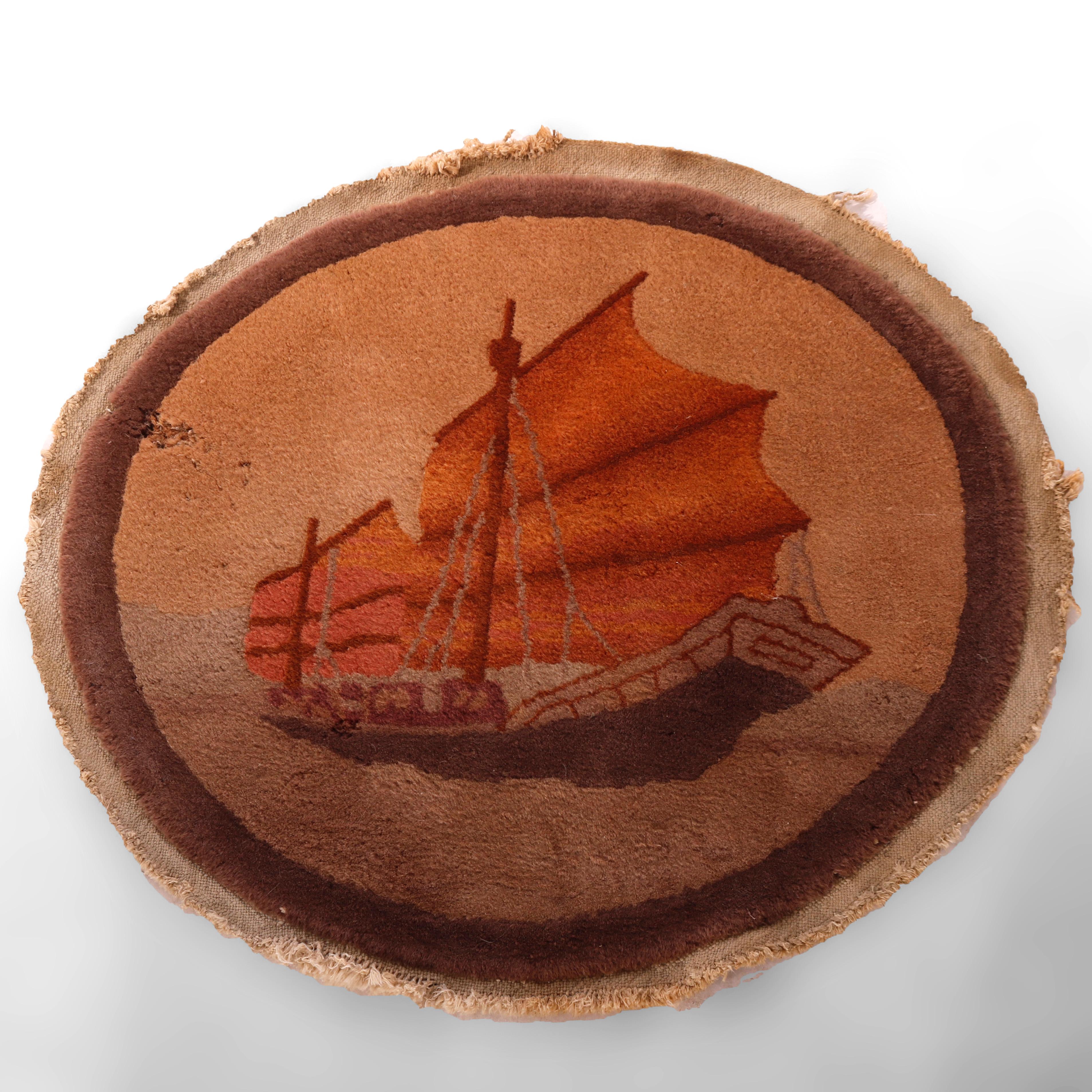 An antique Chinese Nichols round mat offers wool construction with nautical scene of Junket, c1930

Measures - 26