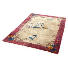 Antique Chinese Nichols Oriental Wool Rug with Pagoda & Flowers, Circa 1930